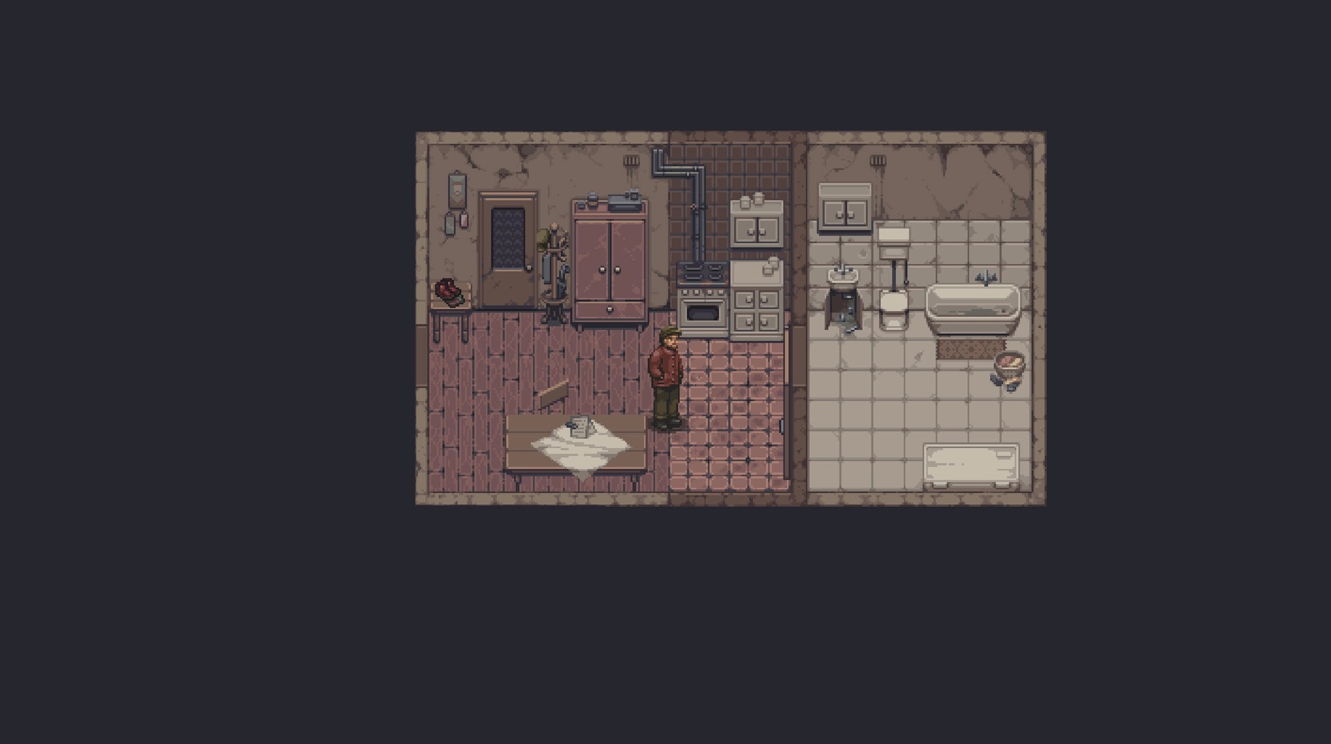 Martial Law: Character standing in a small apartment kitchen and bathroom with basic furnishings