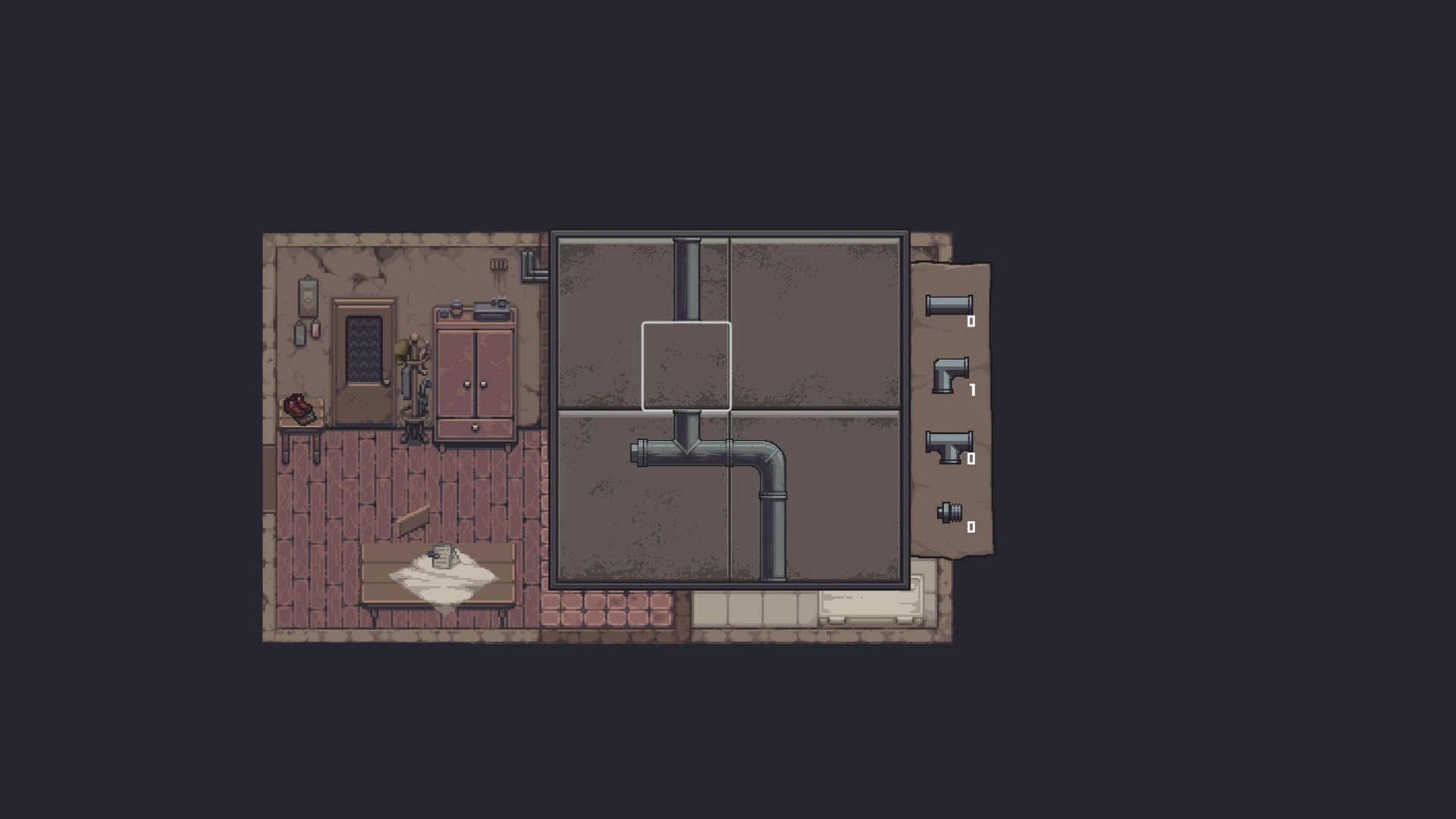Martial Law: Overhead view of a small room with pipes, wooden floor, and scattered objects on a table