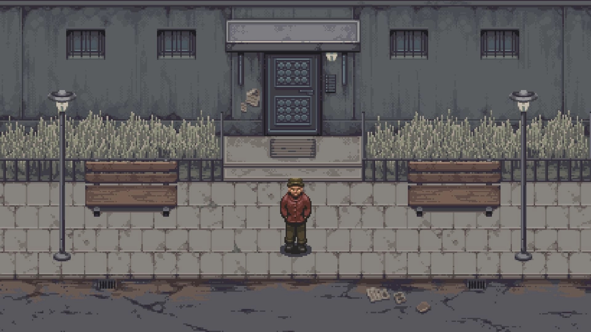 Martial Law: Character stands on a deserted street with benches and lampposts in front of a grey building