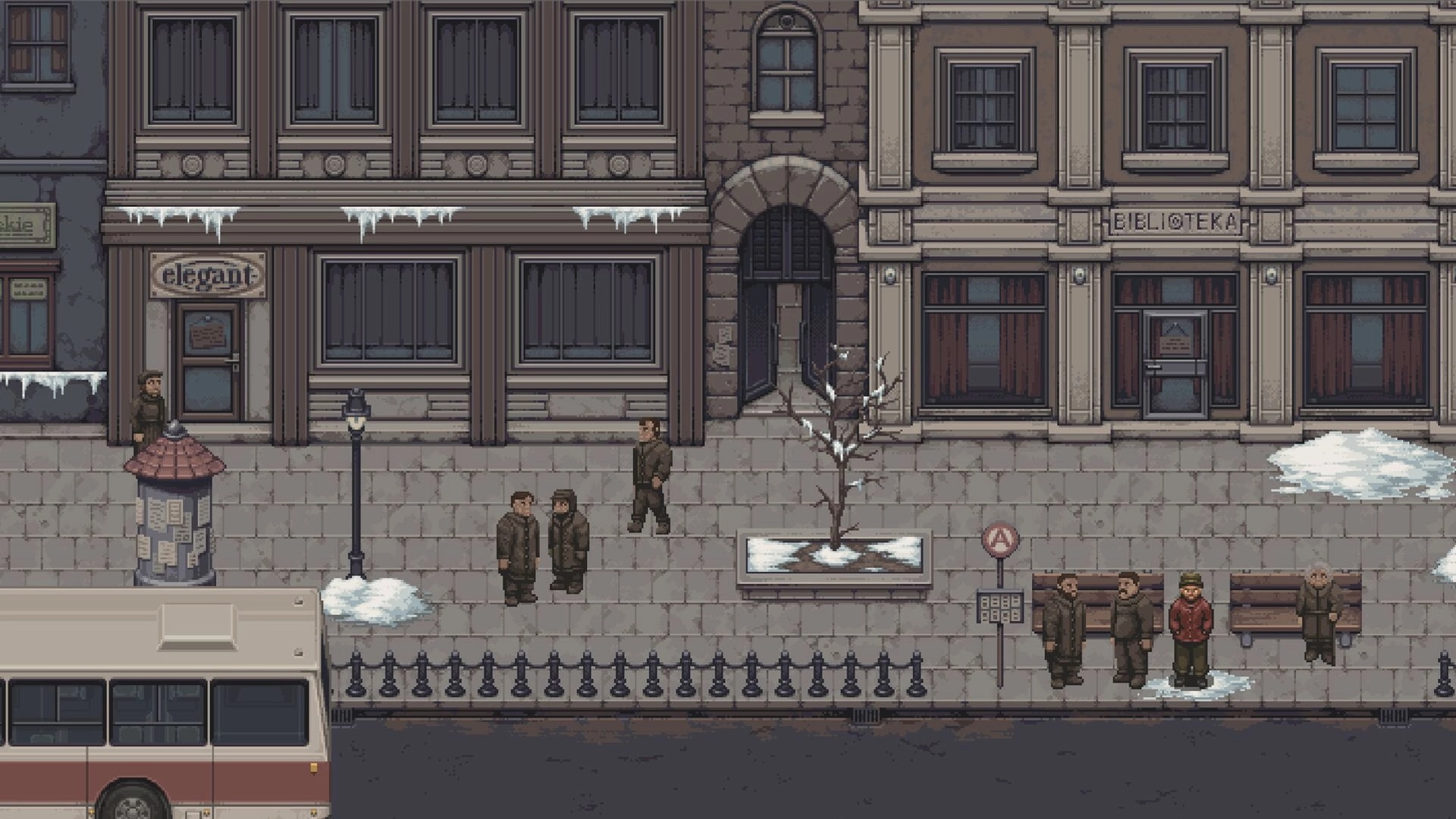 Martial Law: Characters walk past snowy urban buildings with benches and a bus stop on the sidewalk.