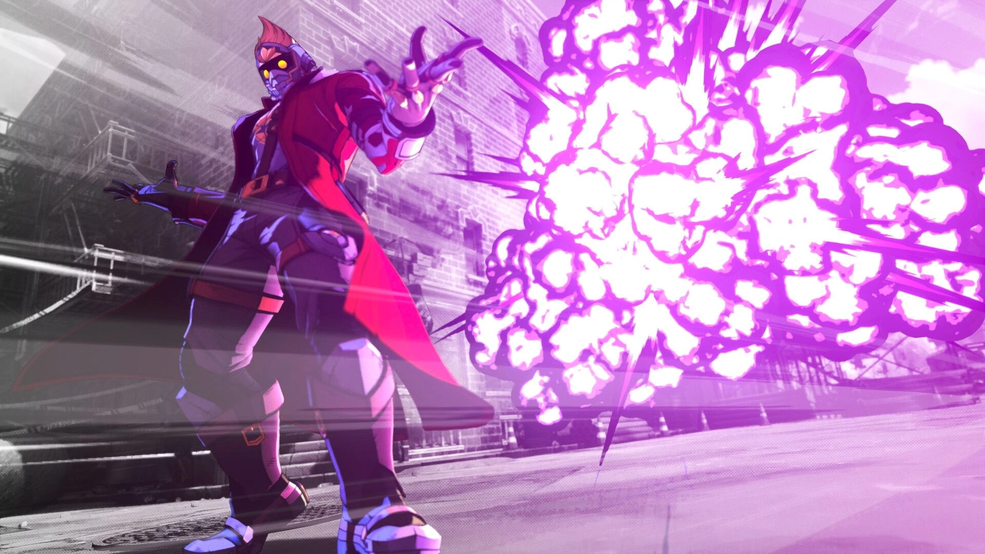 MARVEL Tōkon: Character unleashing a powerful energy blast in a dynamic urban battlefield setting.