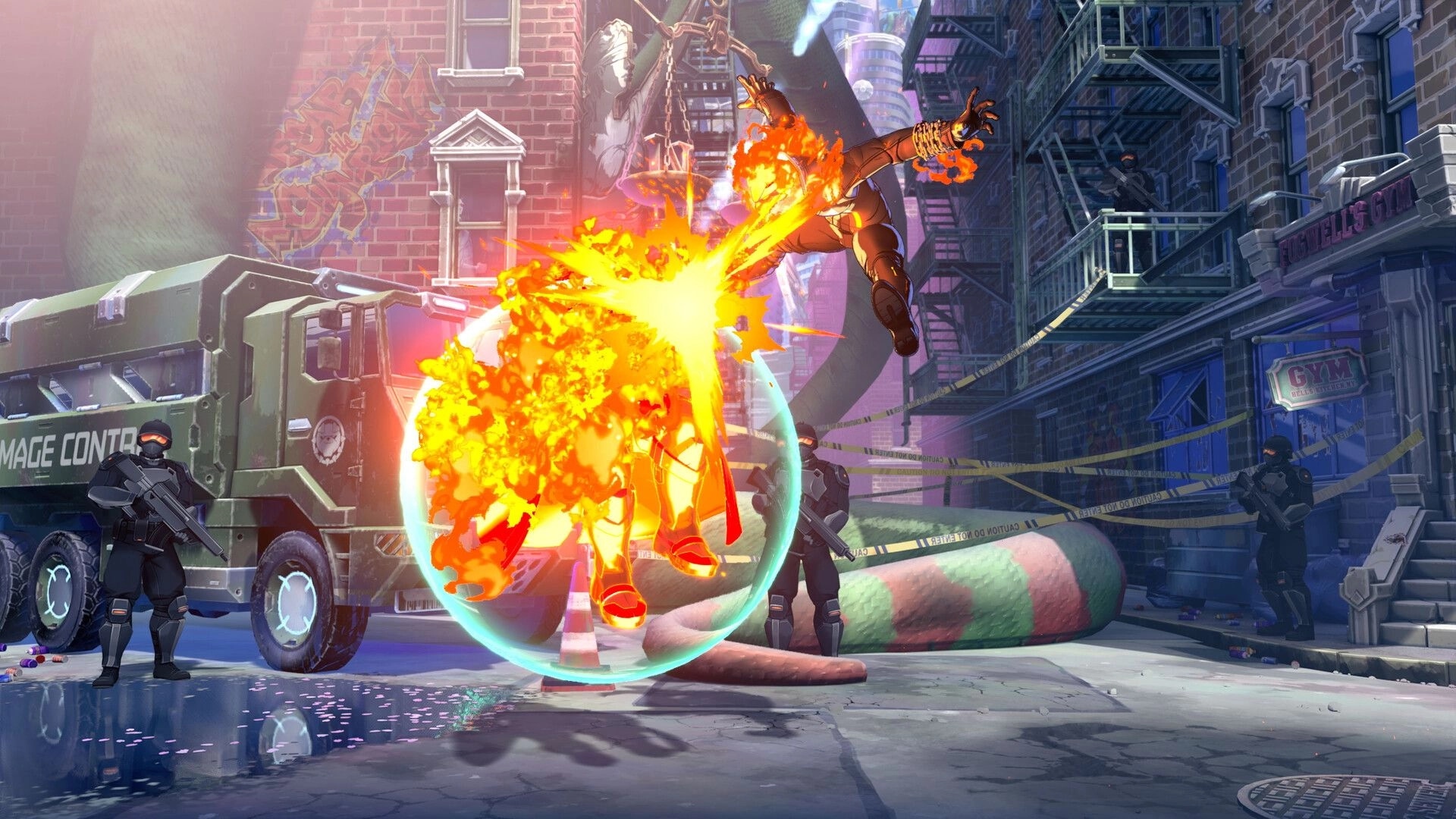 MARVEL Tōkon: Fiery combat scene with hero attacking in urban alley beside Damage Control truck.