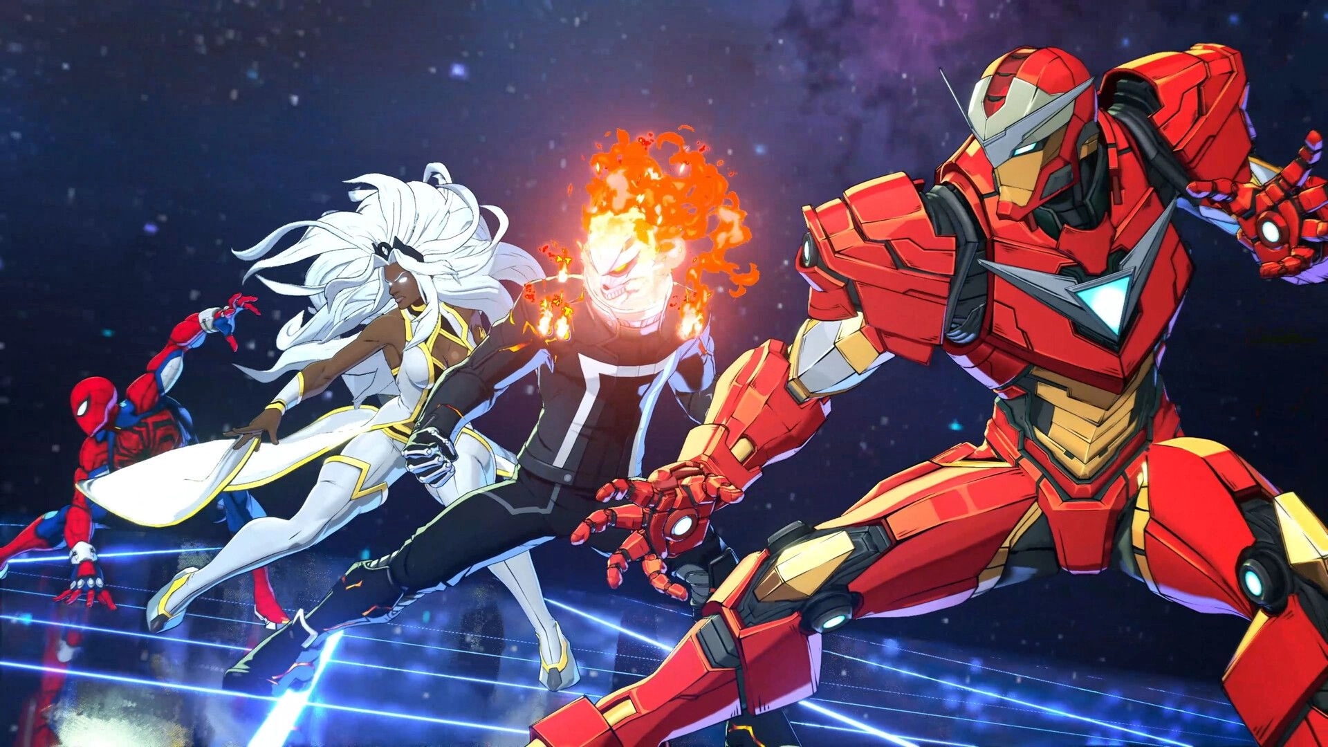 MARVEL Tōkon: Iron Man, Storm, Ghost Rider, and Spider-Man battle on a cosmic grid stage