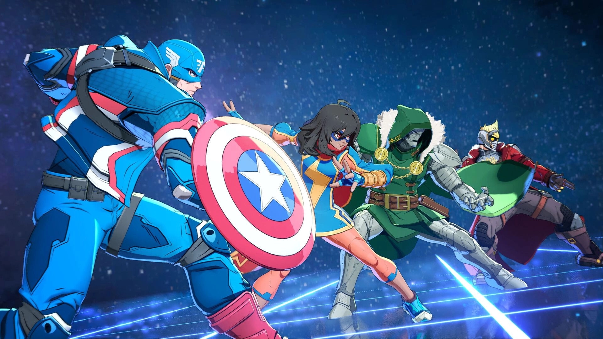 MARVEL Tōkon: Captain America, Ms. Marvel, and two others in dynamic pose on digital grid background.