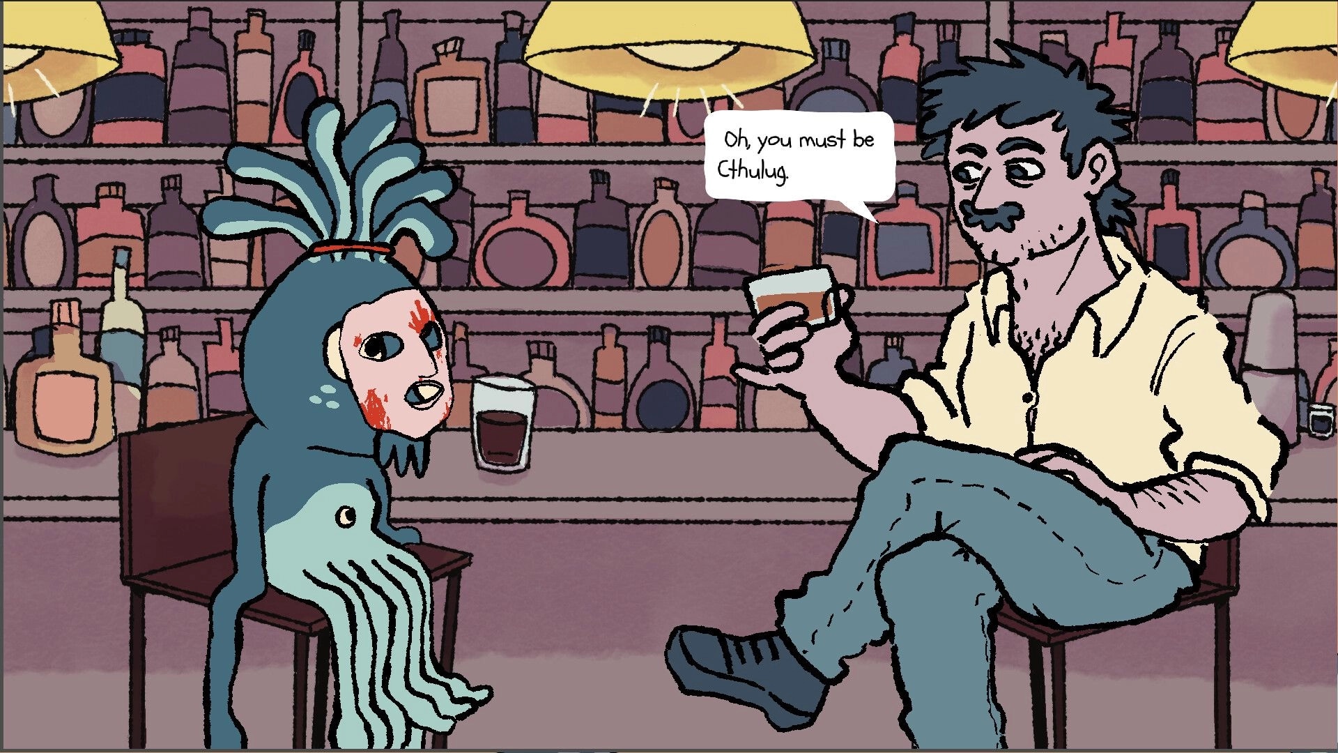Masc, Mask & Masked: Bar conversation as a man holds a drink and speaks to a masked Cthulhu date.