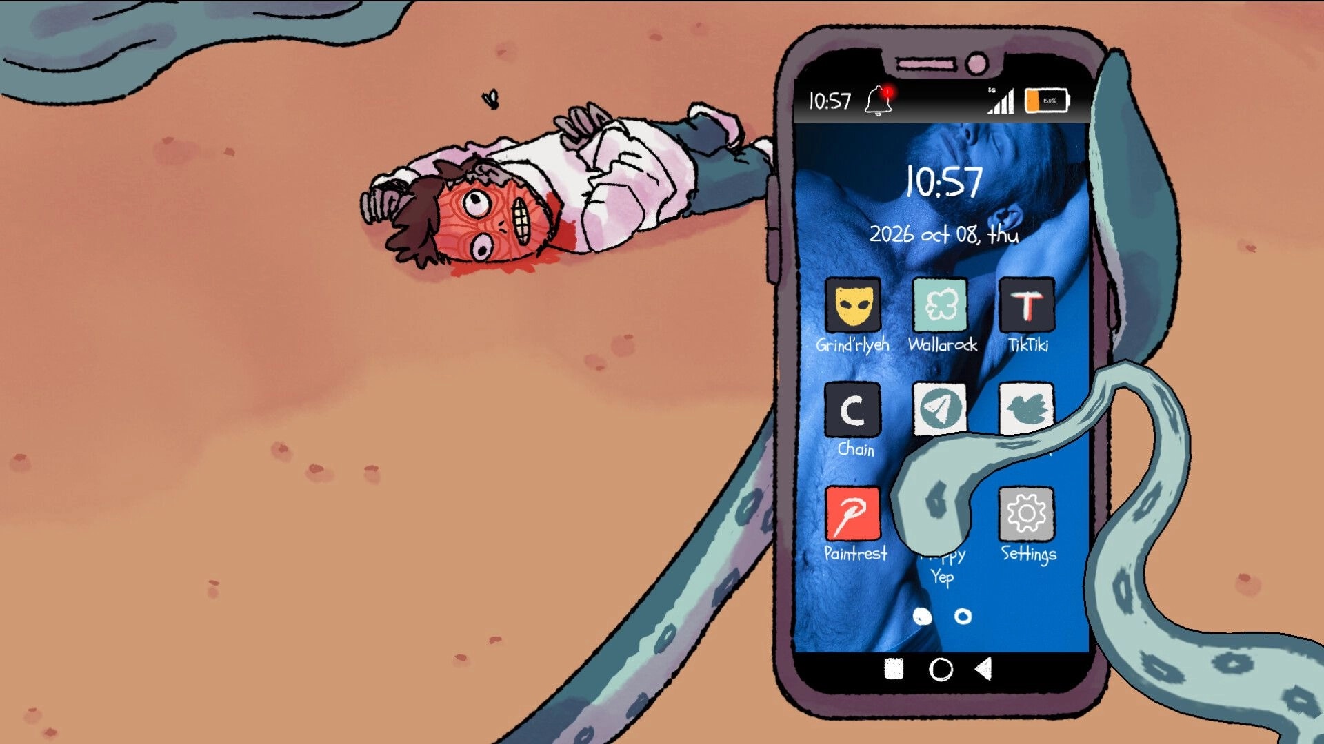 Masc, Mask & Masked: Phone home screen with app icons beside a tied-up person on sandy ground.