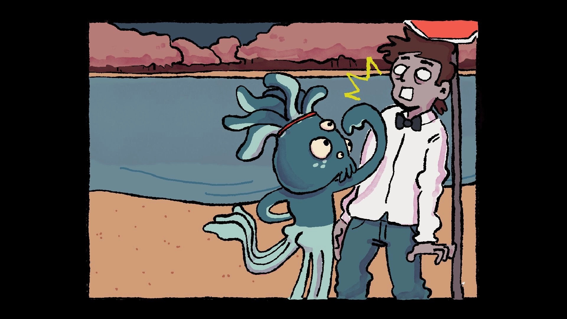 Masc, Mask & Masked: Tentacled sea creature grabs a shocked man on a beach by the waterline.