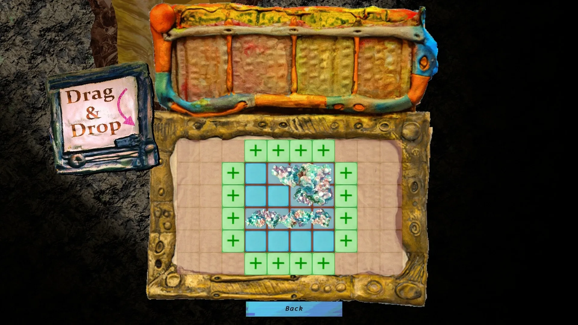 Mashina: Drag and drop interface with colorful grid and puzzle pieces in a textured stone frame.