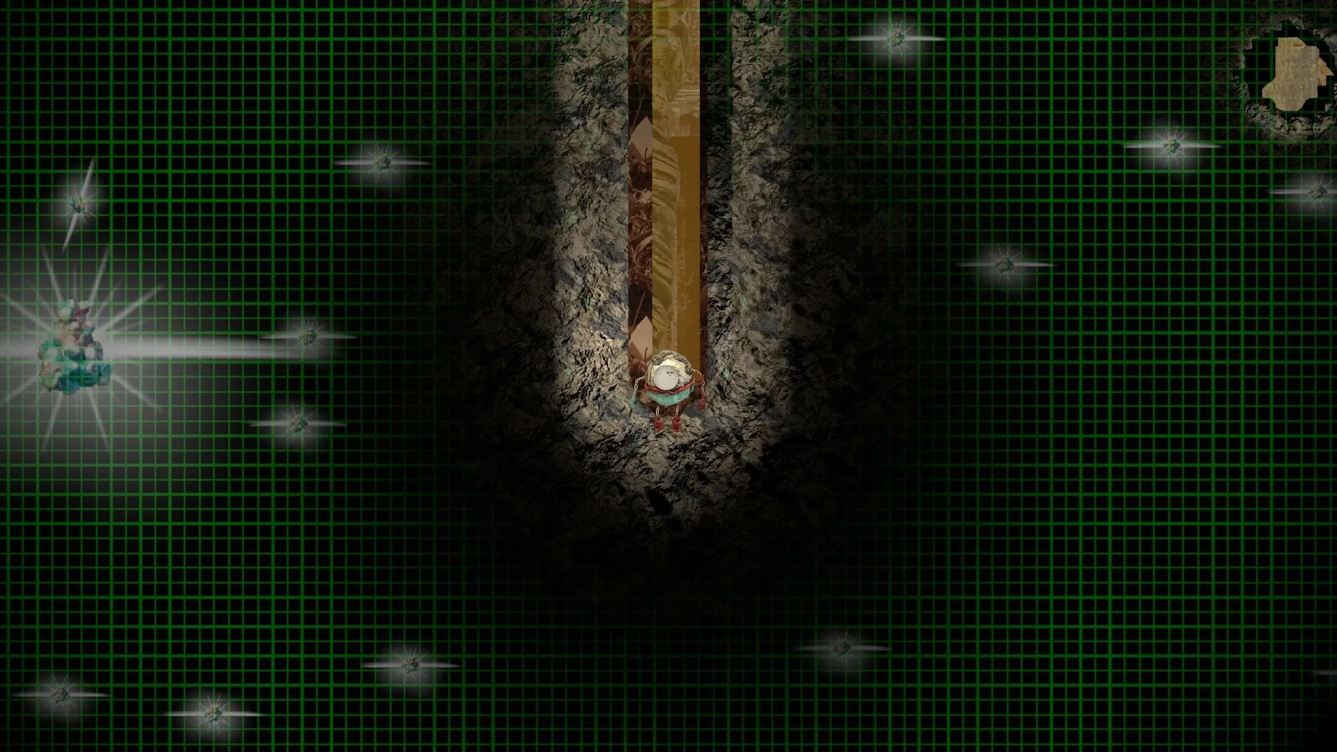 Mashina: Little robot digs through rocky shaft with glowing grid overlay and mini-map in corner