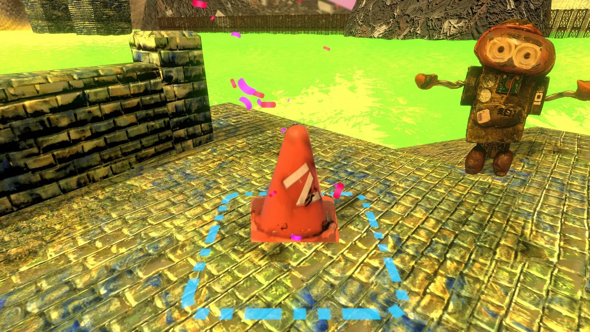 Mashina: Robot character stands near orange cone with confetti on a tiled path by a green water area.