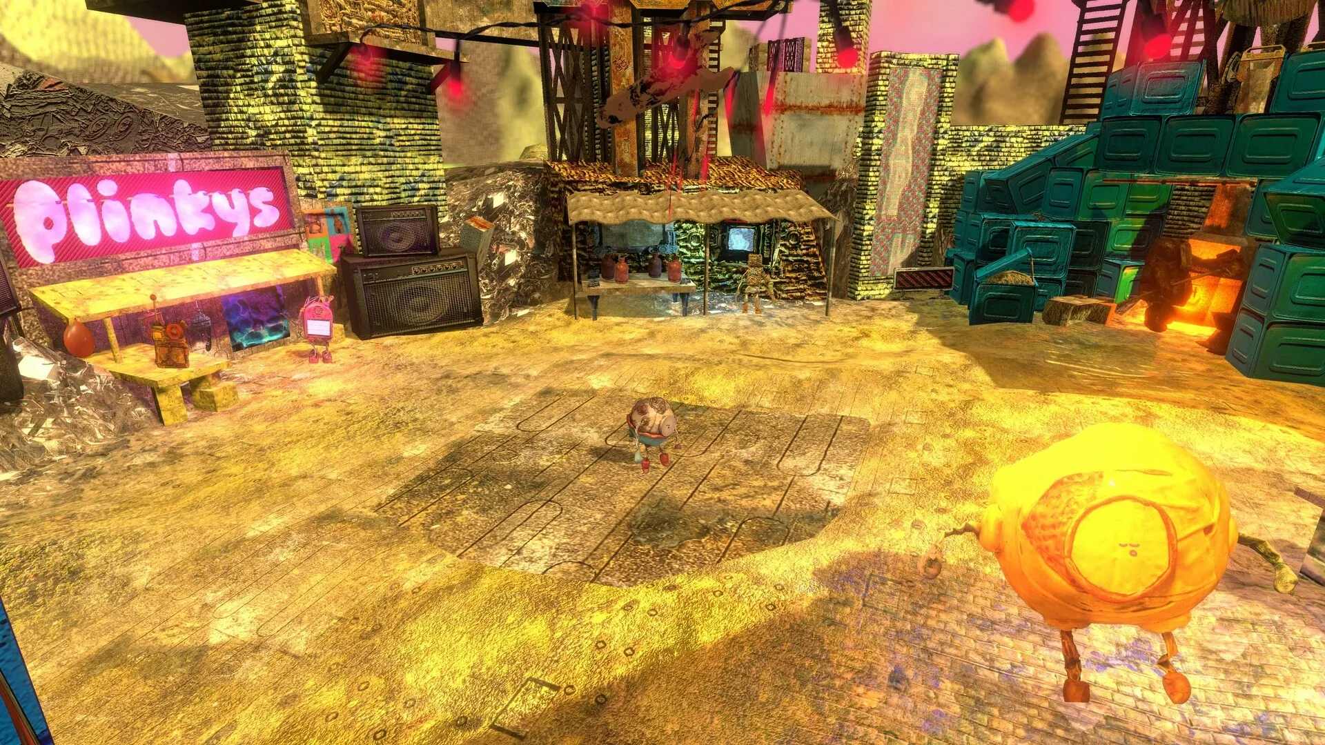 Mashina: Little robot explores a vibrant junkyard with shops, speakers, and a glowing orange machine.