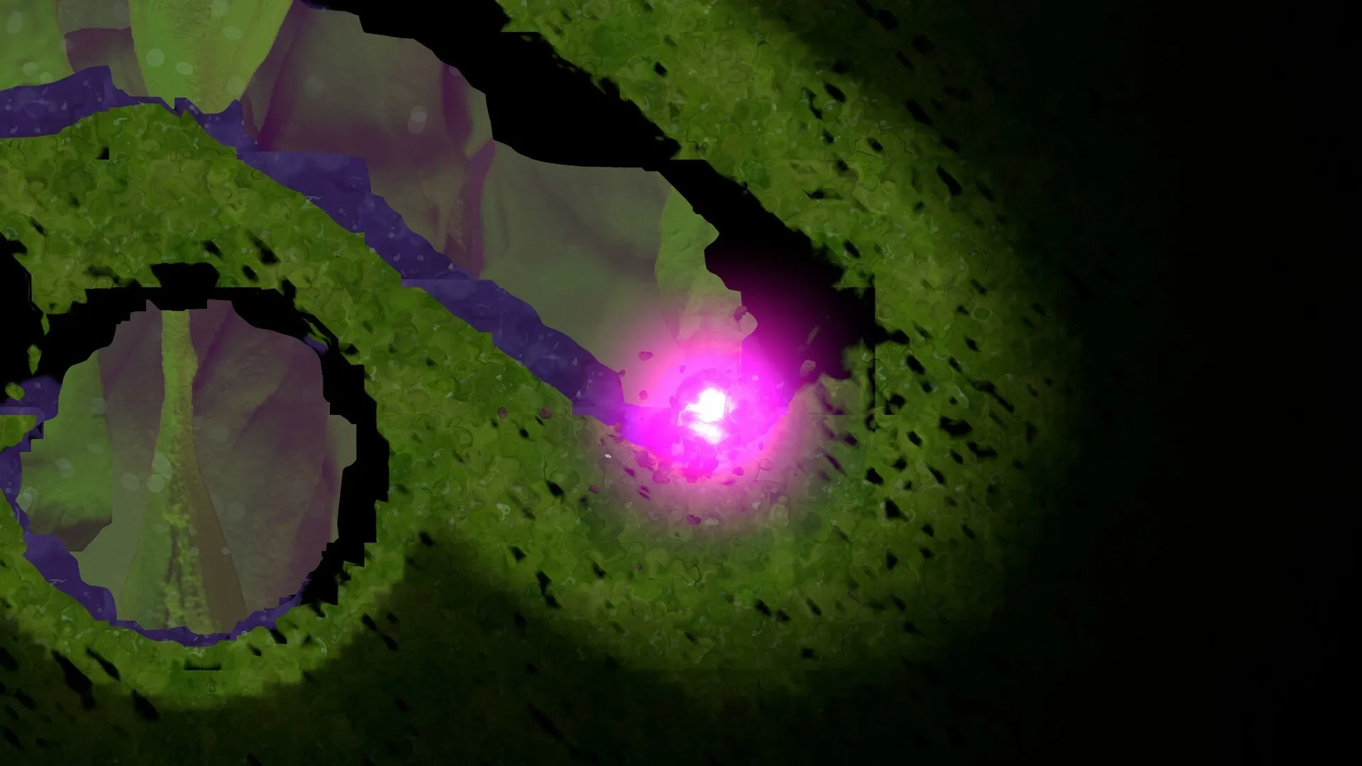Mashina: Little robot digs through vibrant green terrain with glowing pink light in underground tunnel