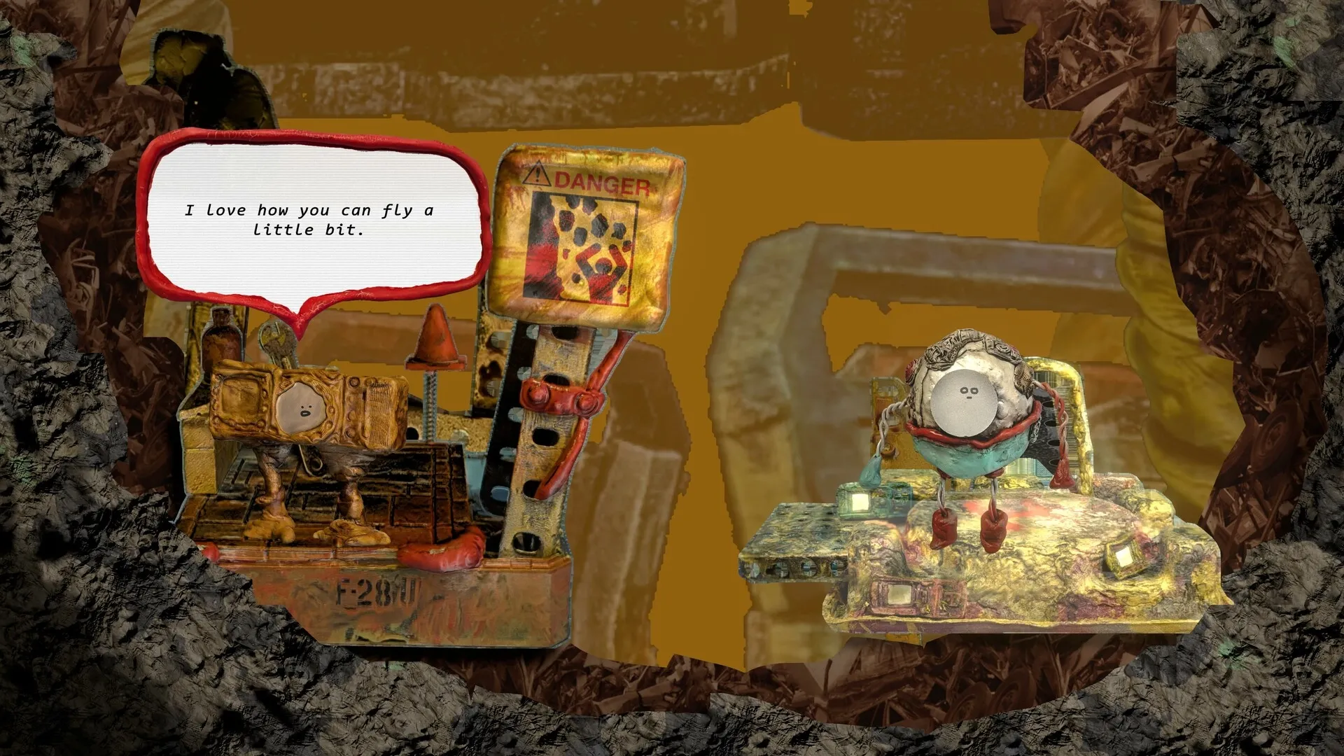 Mashina: Robot conversation with speech bubble and caution sign in a rocky underground setting.