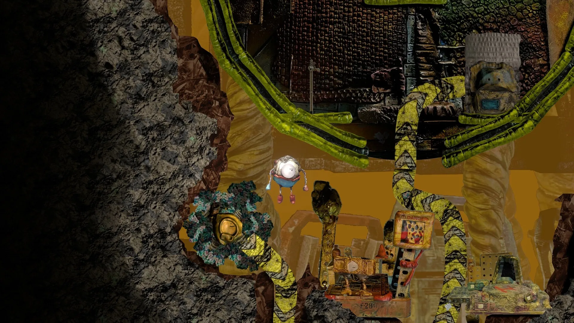 Mashina: Little robot traverses rocky underground with pipes and machinery in a stop-motion style world.