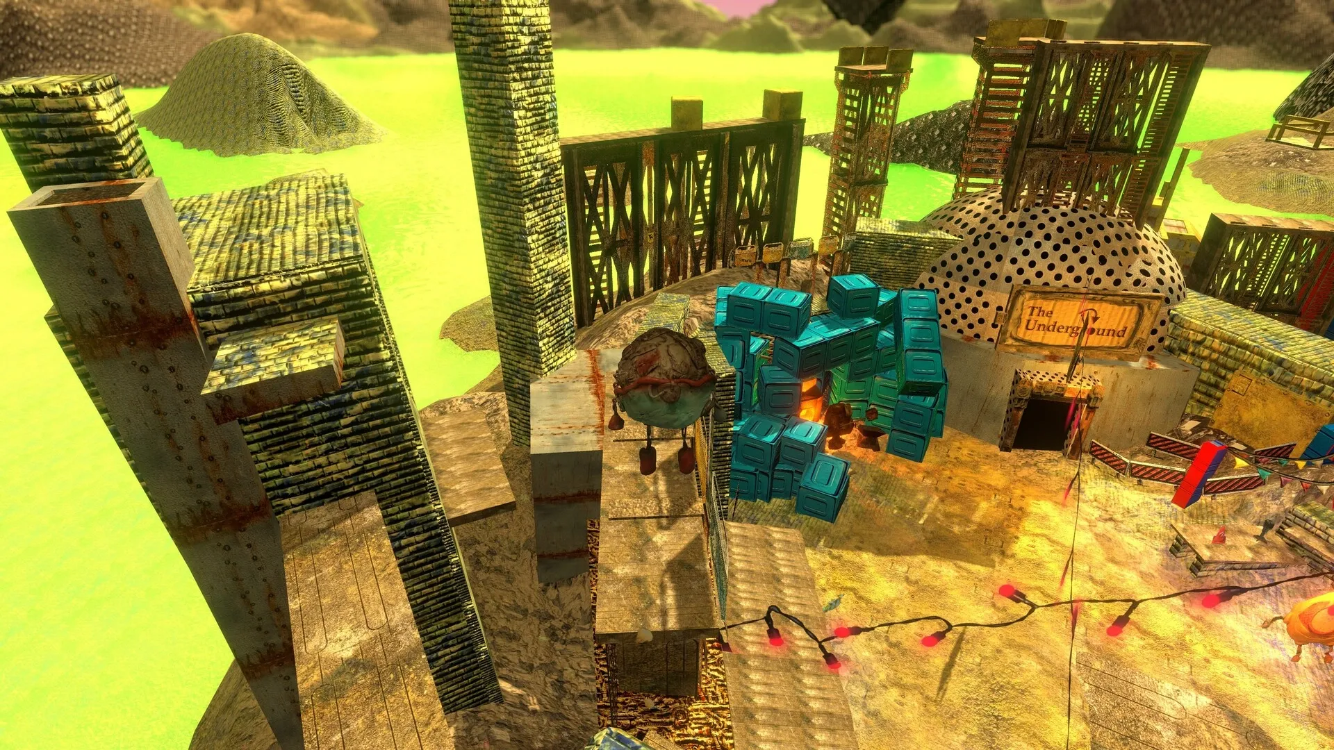 Mashina: Robot exploring industrial area with blue crates and "The Underground" entrance, vibrant colors.