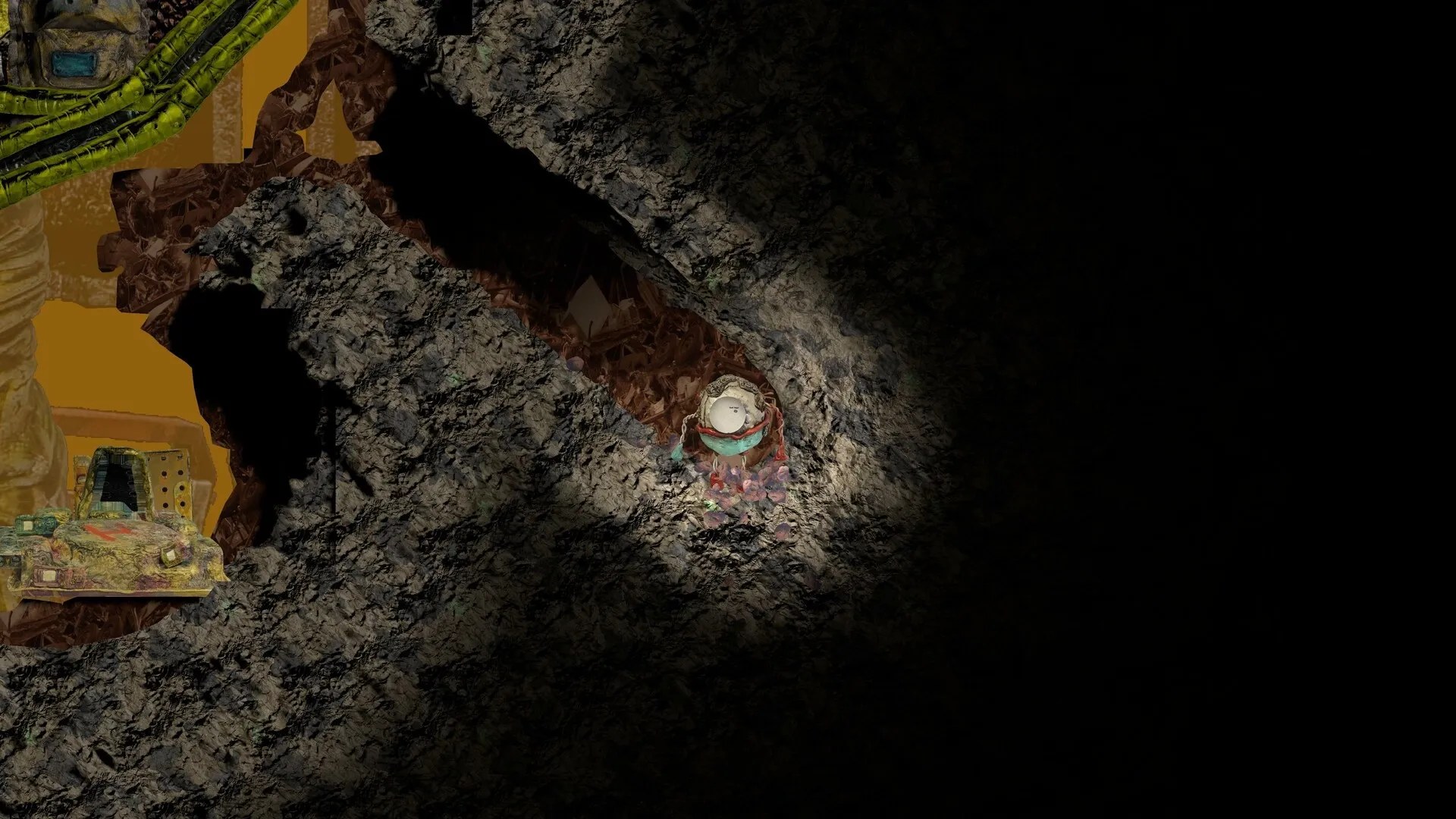 Mashina: Little robot digging through rocky cave, surrounded by darkness and illuminated by a spotlight.