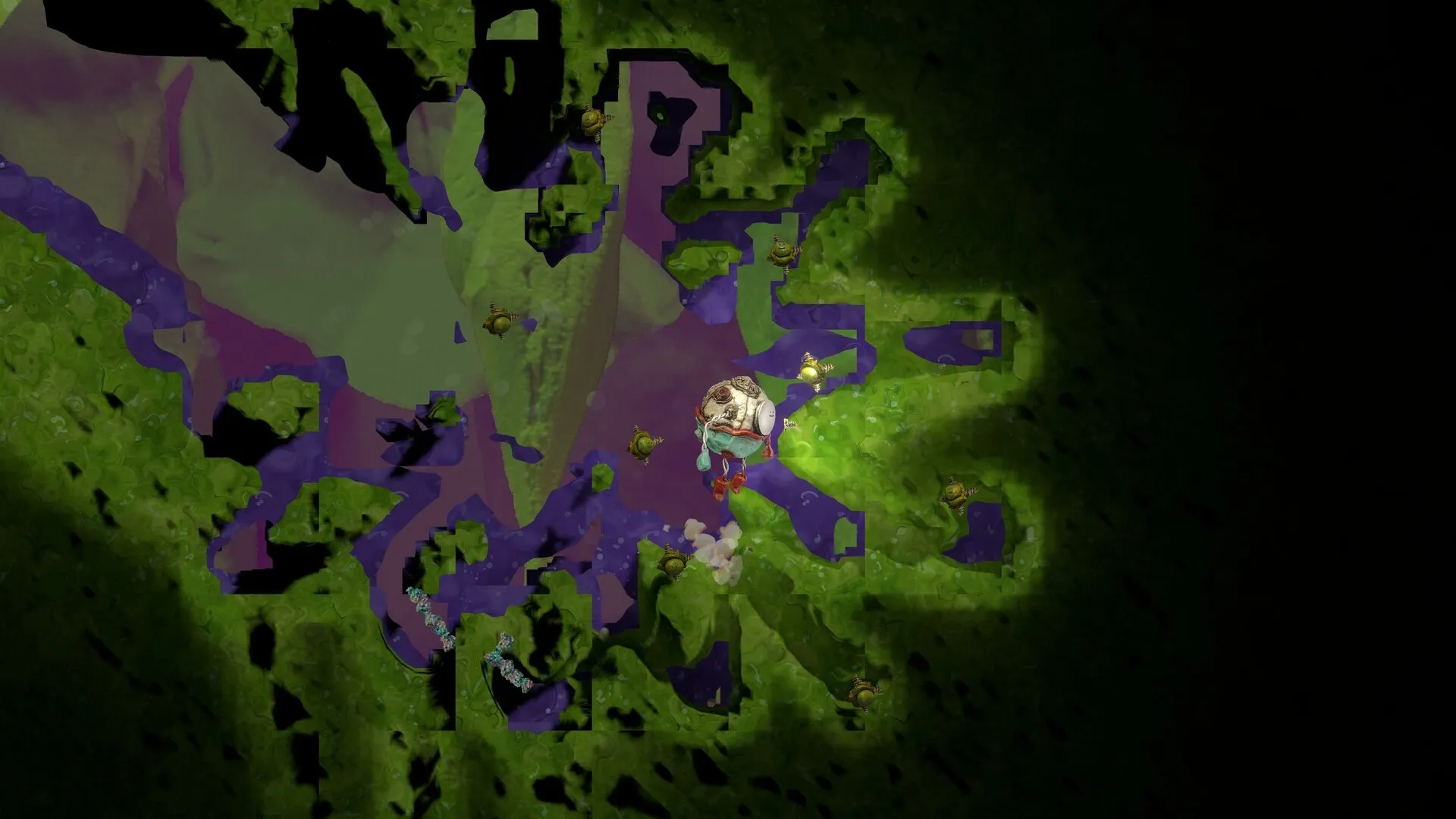 Mashina: Little robot digs through layered green terrain with scattered tools in a vibrant, abstract world.