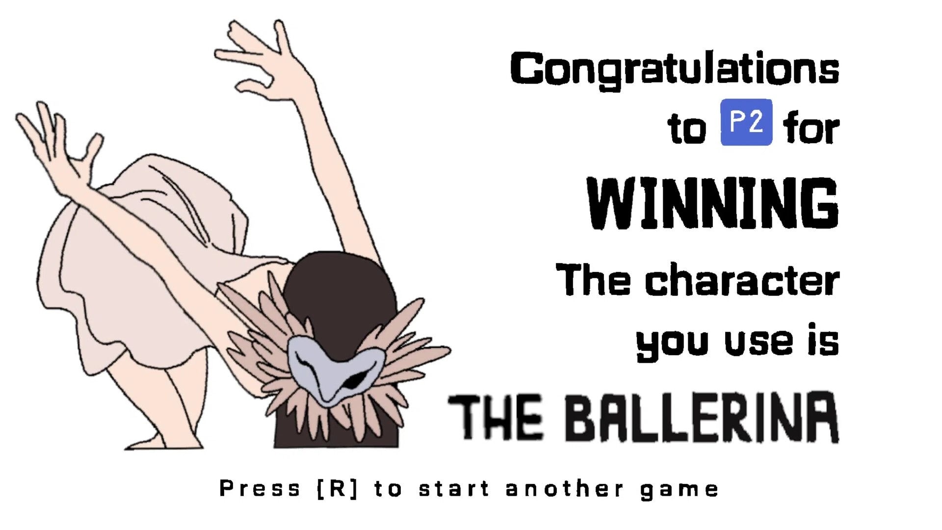 Masked Ball: Victory screen congratulating P2, ballerina character shown bowing on white backdrop.