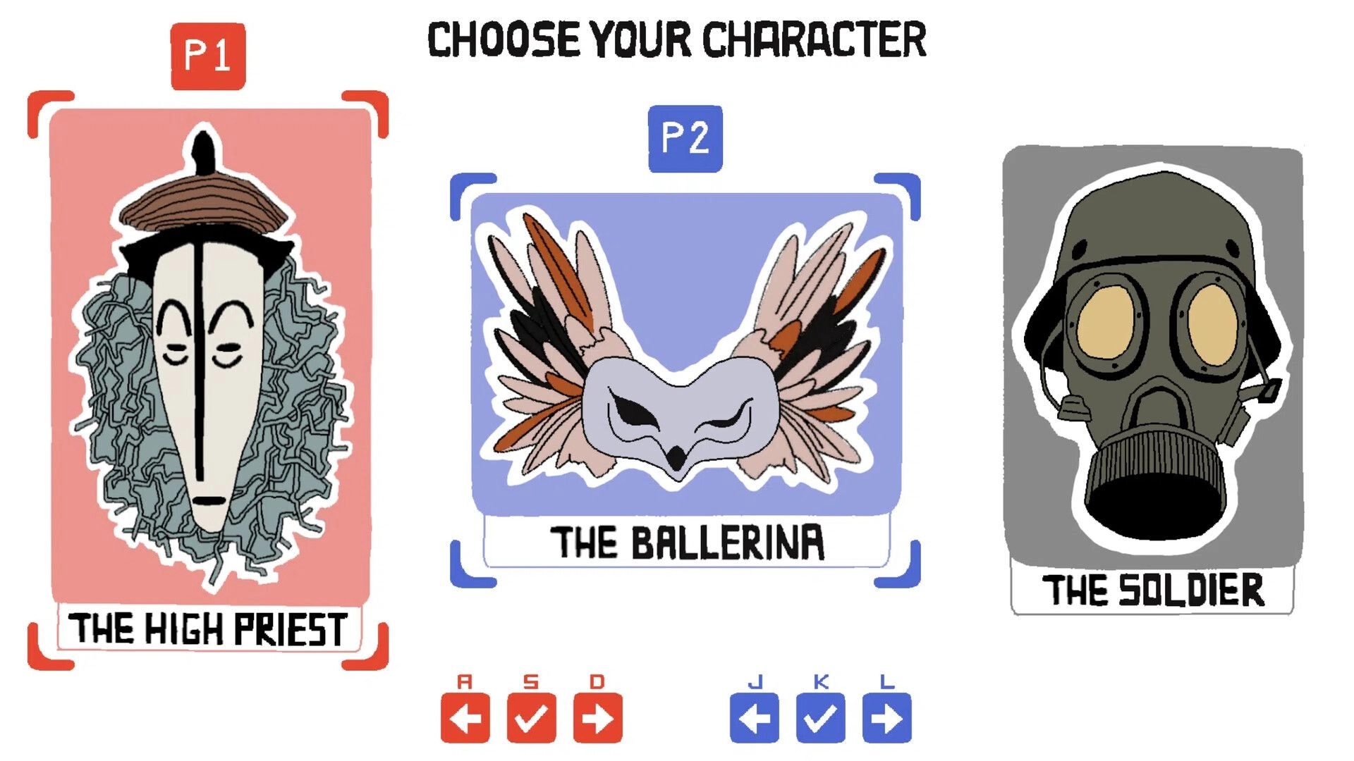 Masked Ball: Character select with P1 High Priest and P2 Ballerina cards beside Soldier option menu.