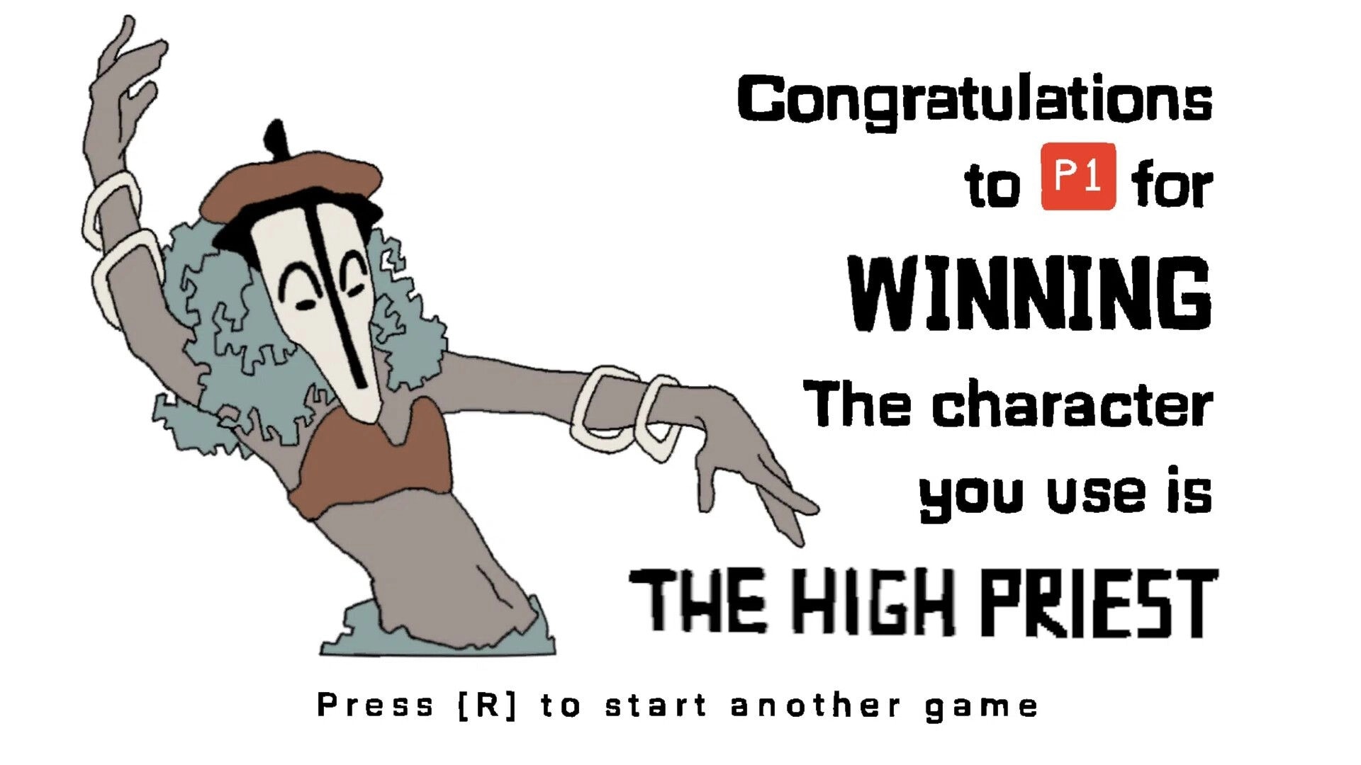 Masked Ball: Victory screen congratulating P1, showing The High Priest character and restart prompt.