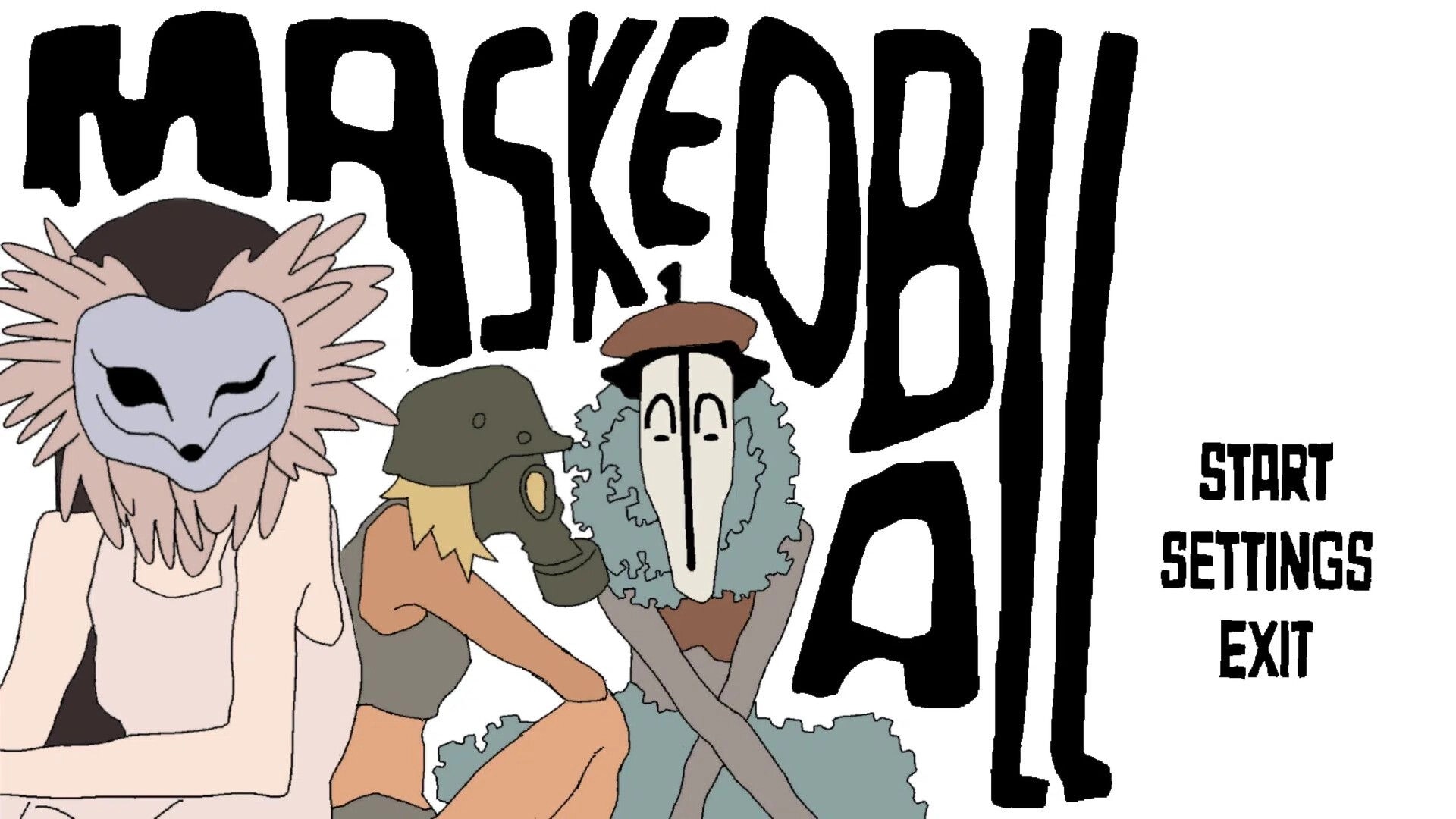 Masked Ball: Main menu with three masked characters and Start, Settings, Exit options on white backdrop.
