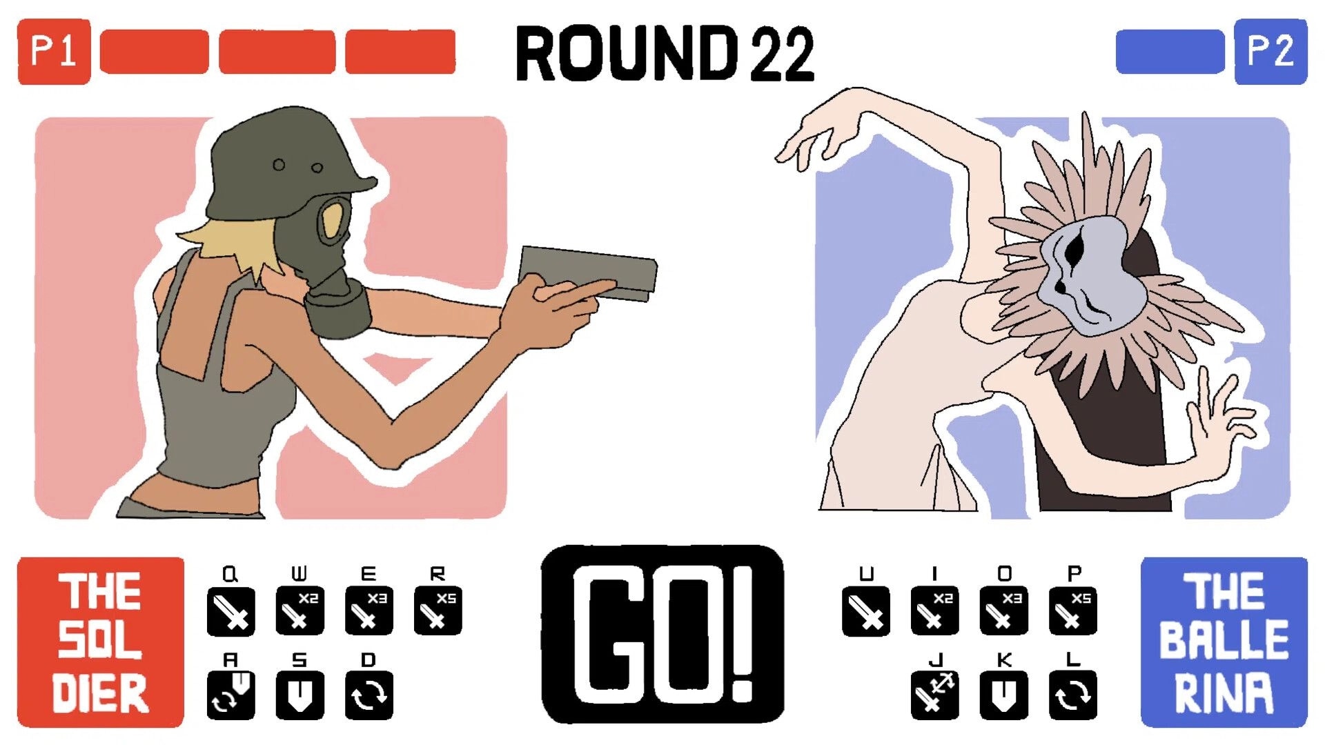 Masked Ball: Round 22 duel with P1 aiming pistol at masked P2, GO prompt and keybind UI arena.