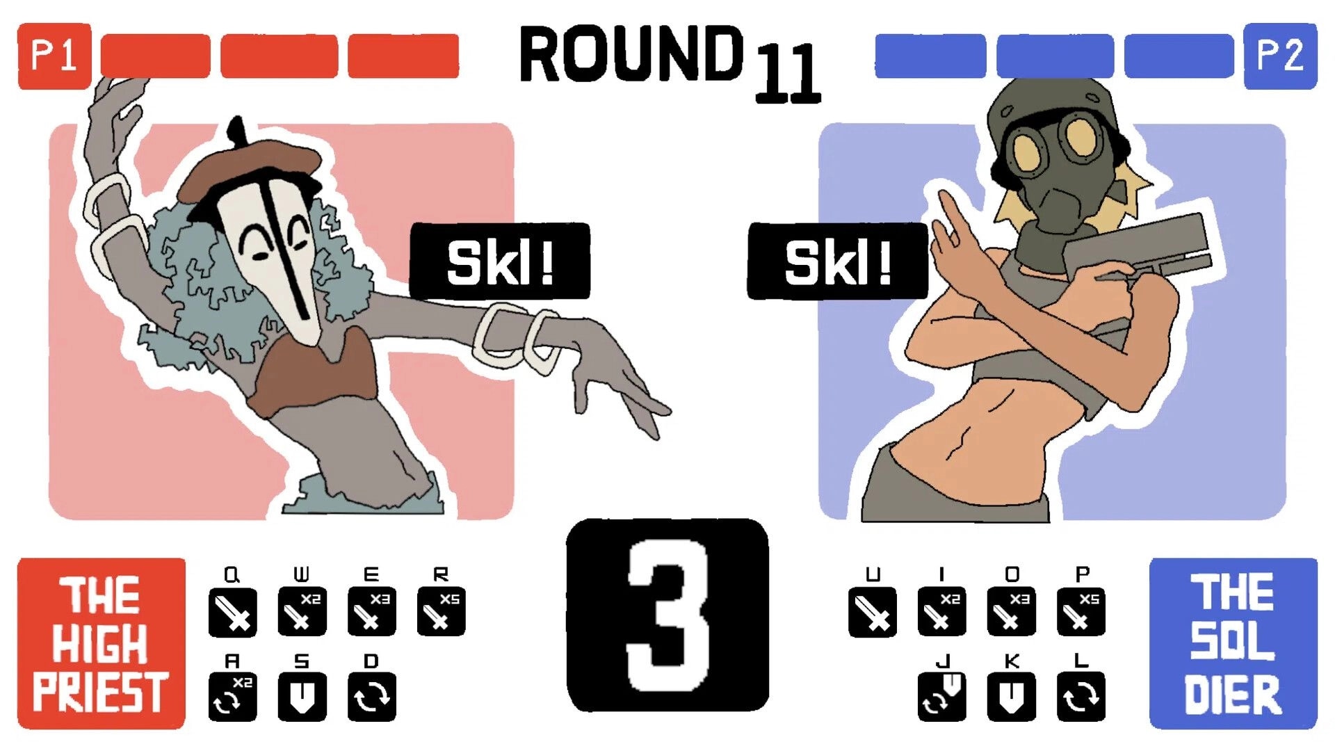 Masked Ball: Round 11 duel with P1 High Priest and P2 Soldier, skill prompts and key icons on screen.