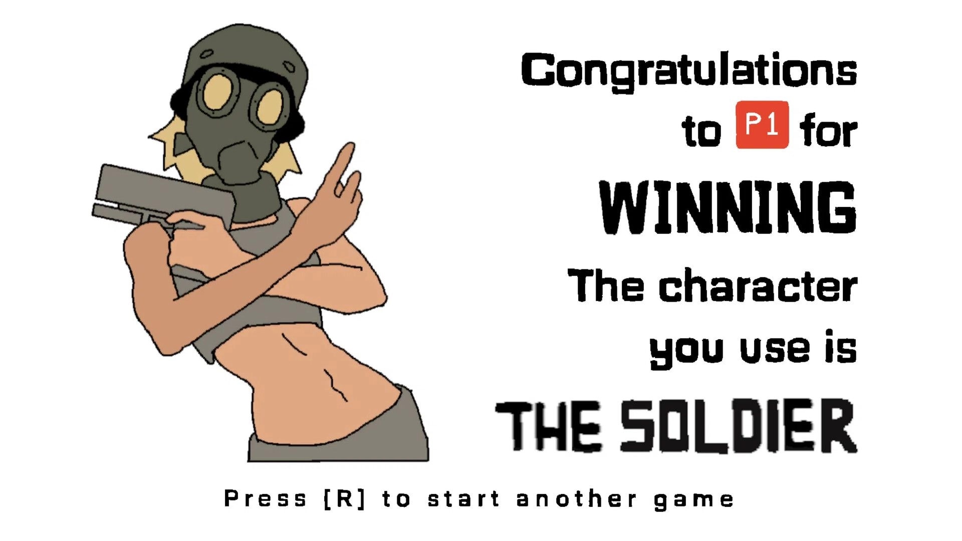 Masked Ball: Victory screen congratulating P1, masked soldier character pose, press R prompt on white UI.