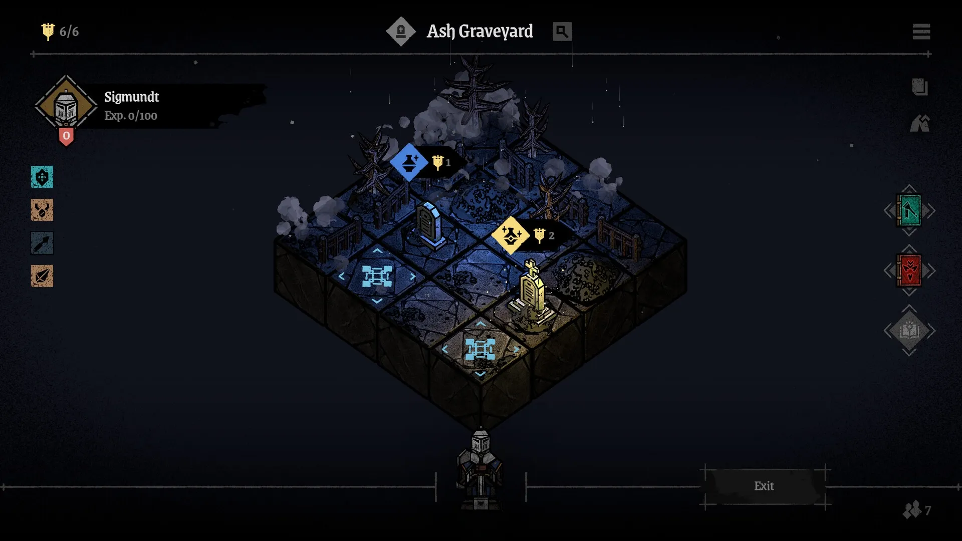Master of Piece: Sigmundt navigating Ash Graveyard grid with action options and environment details visible