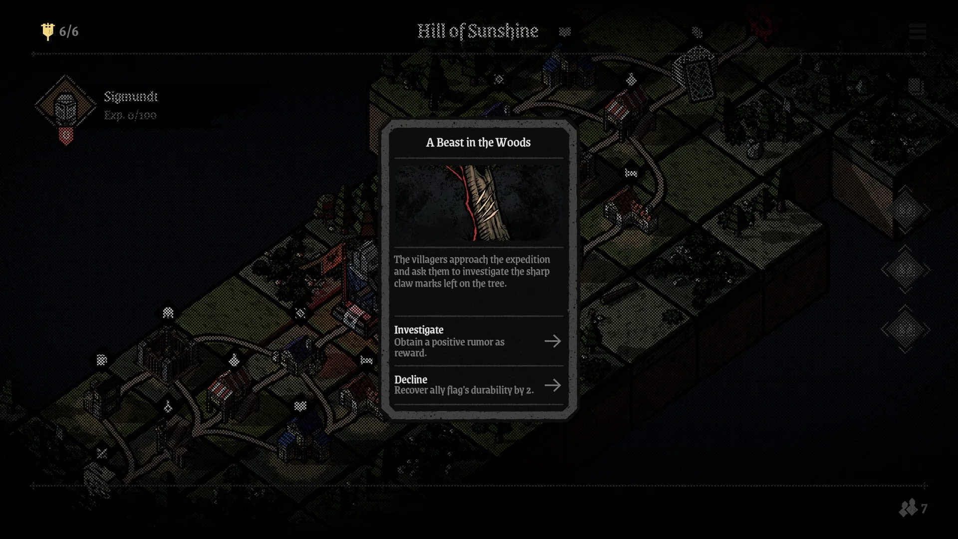 Master of Piece: Sigmund's quest choice in the Hill of Sunshine with map and decision card visible