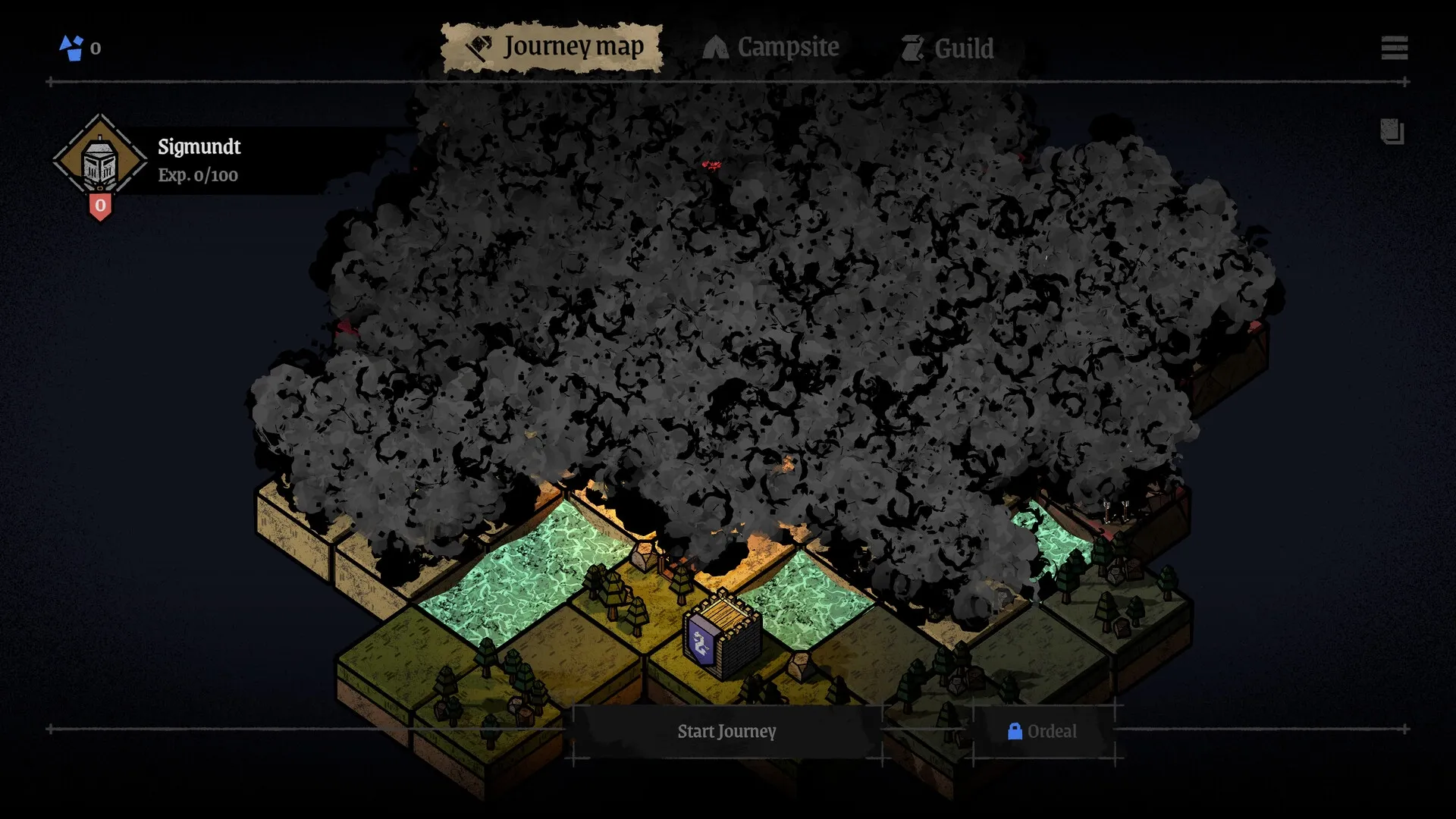 Master of Piece: Sigmundt on journey map with fog-covered tiles and a river, ready to start journey.