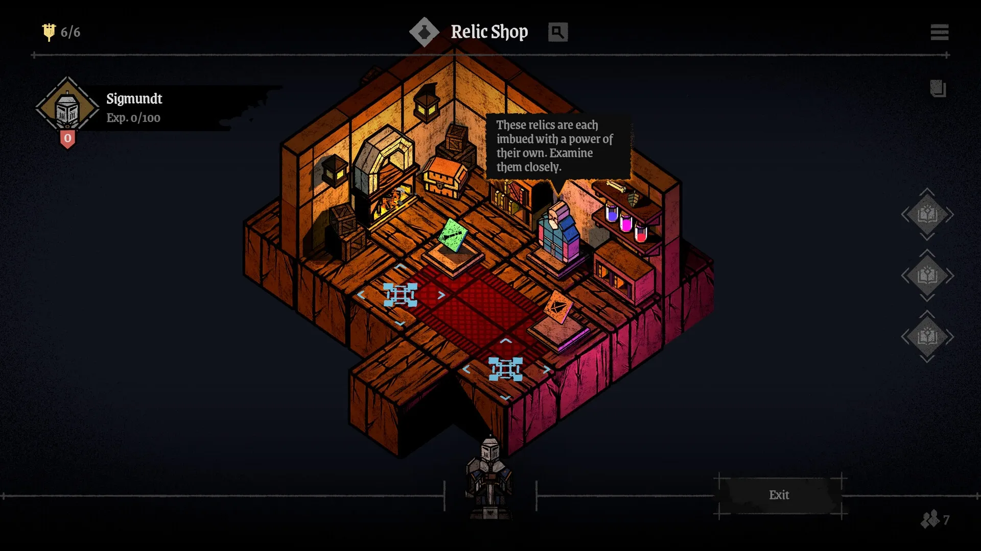 Master of Piece: Sigmundt in relic shop with artifacts, books, and potions on shelves and tables.