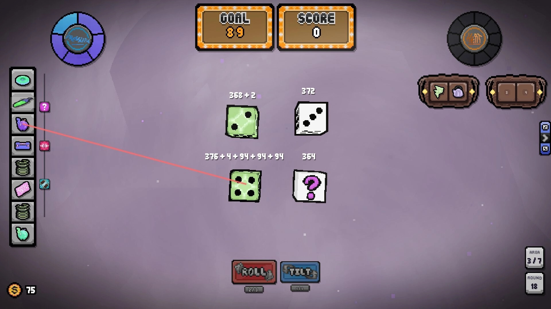 MataOno: Four dice with huge numbers and item modifiers, Roll and Tilt buttons on a gray board.