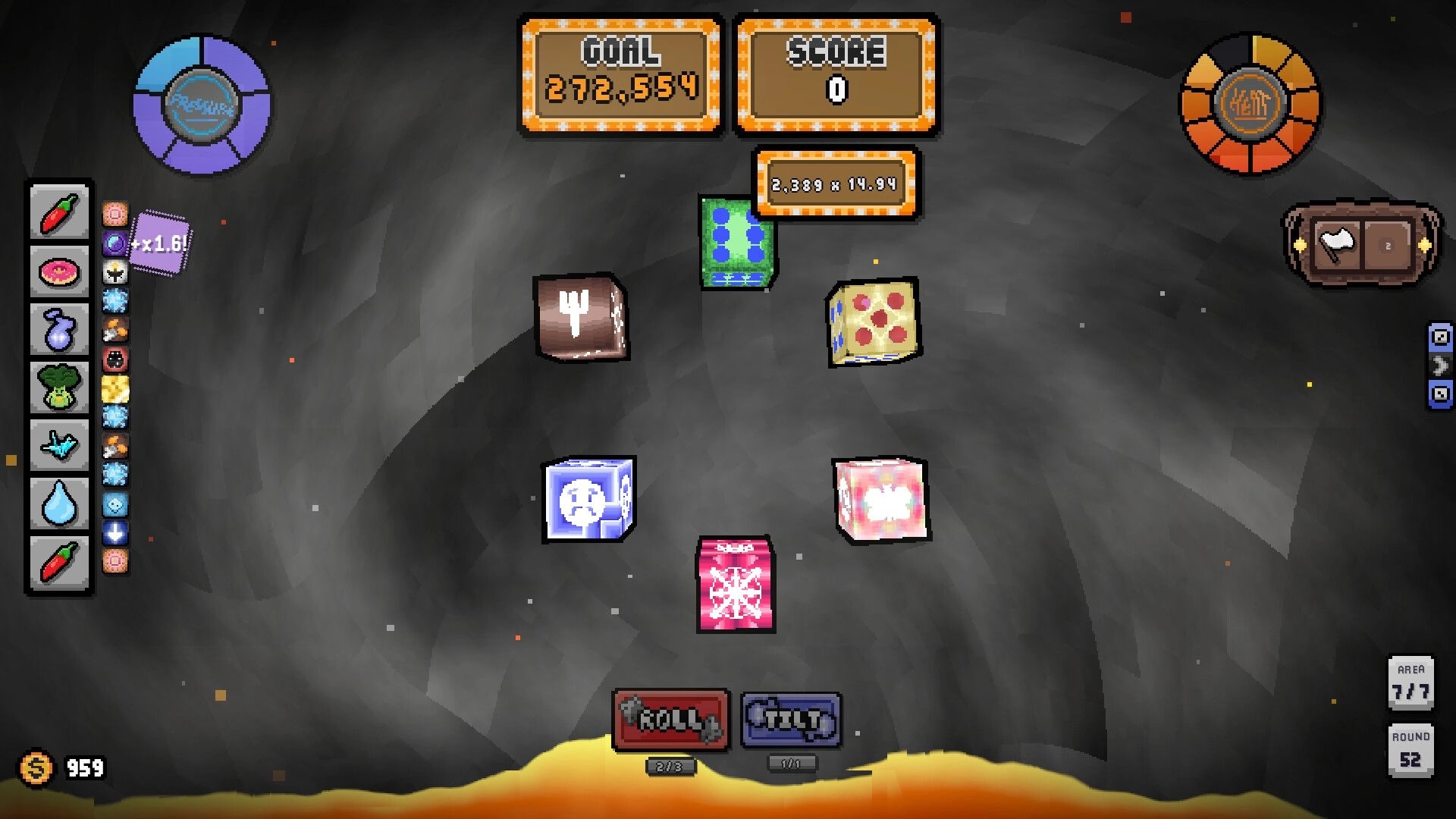 MataOno: Dice roll arena with goal and score UI, item sidebar, and roll/tilt buttons on lava cave floor.