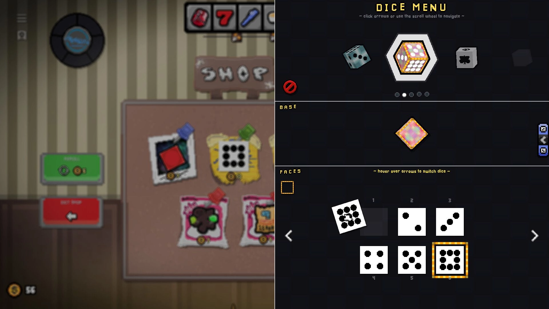 MataOno: Dice Menu overlay with die selection and face grid open over the shop screen background.