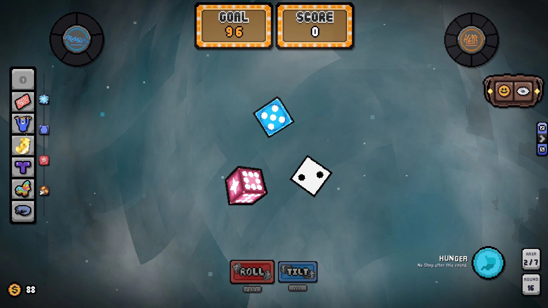 MataOno: Three dice on board with Roll and Tilt buttons, goal 916 UI over misty arena backdrop.