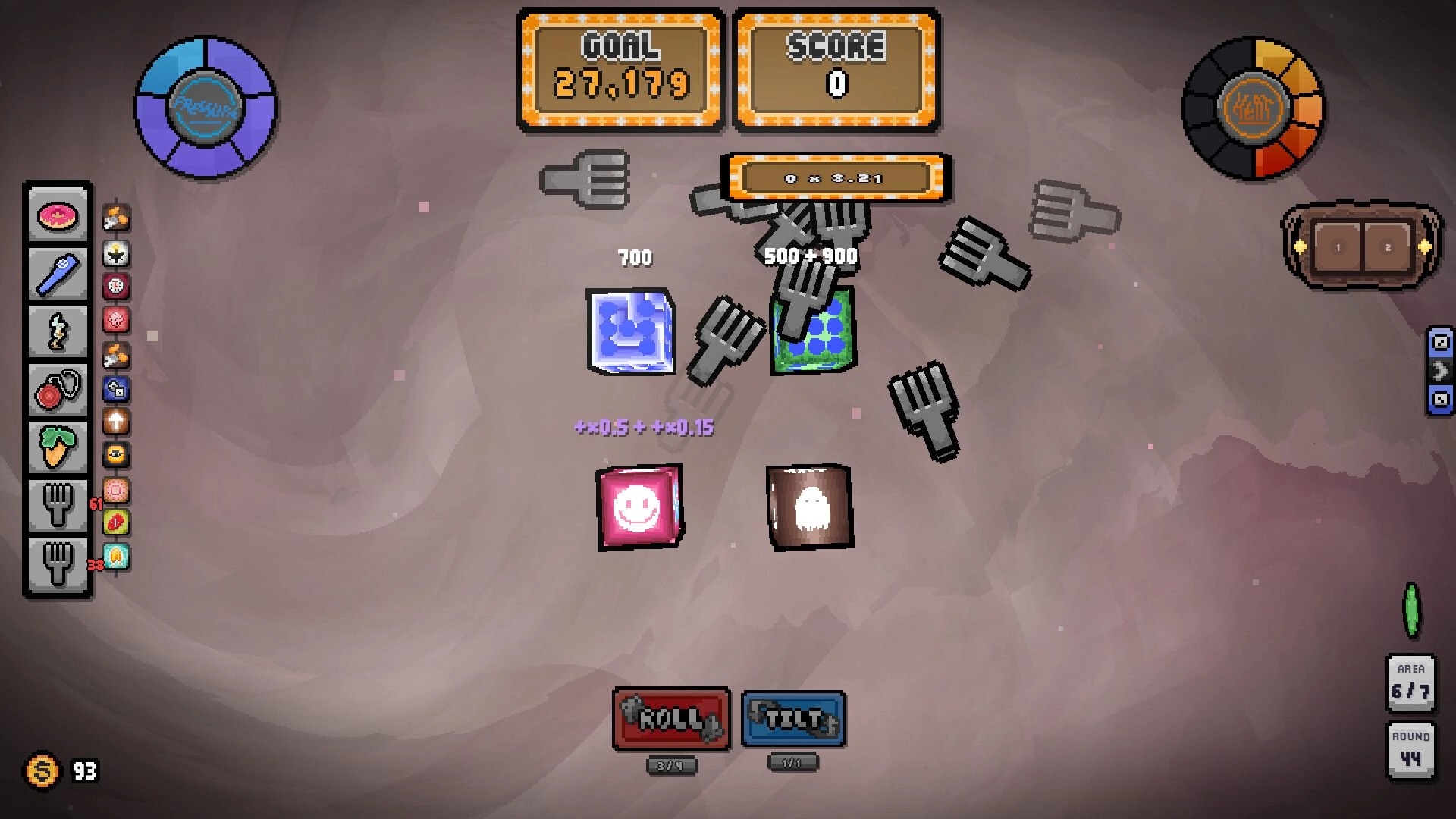MataOno: Dice roll combat UI with goal and score counters over cavern arena and item icons sidebar.