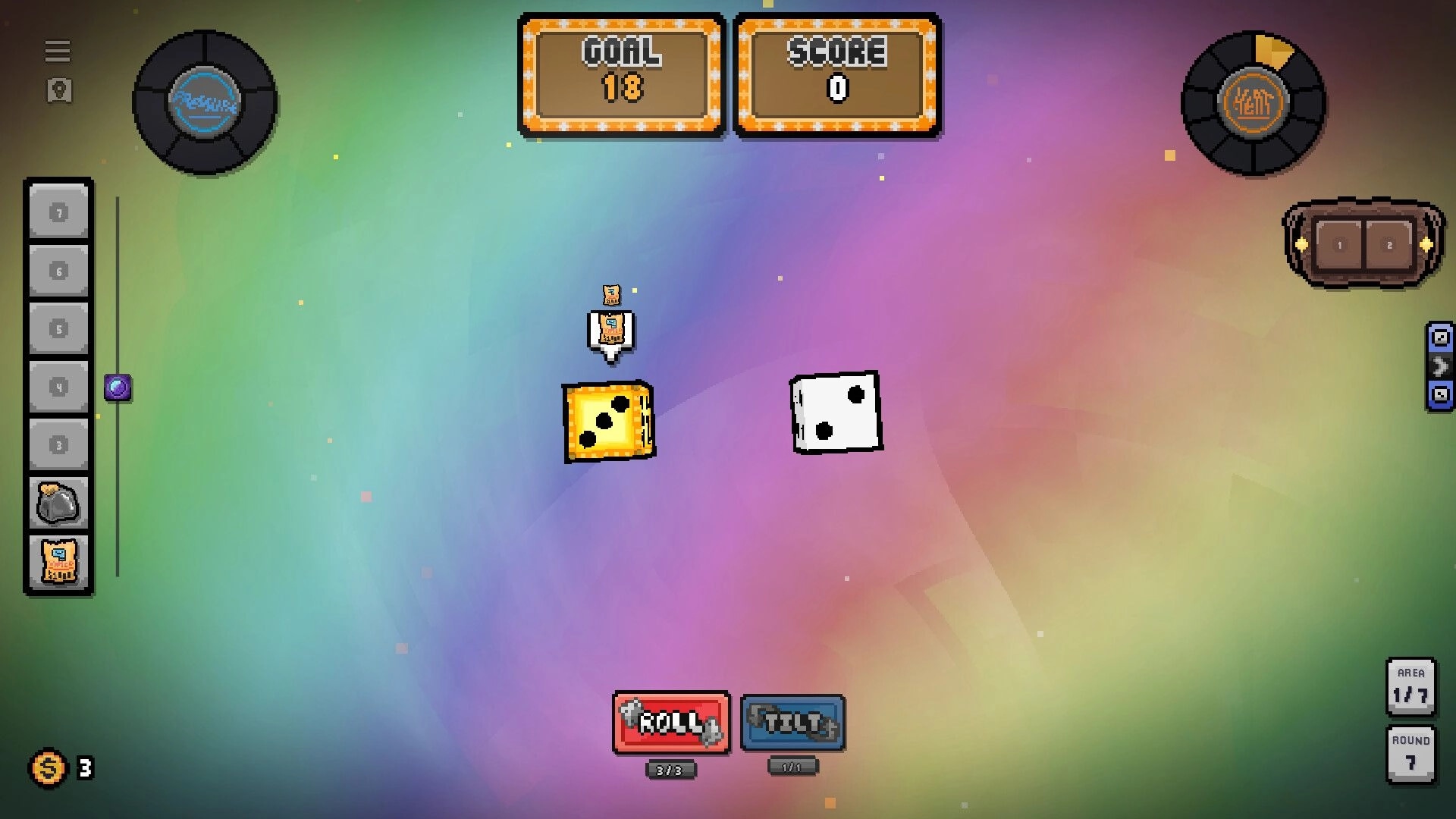 MataOno: Two dice on a rainbow board with Goal 13 and Roll/Tilt buttons in a minimalist UI.
