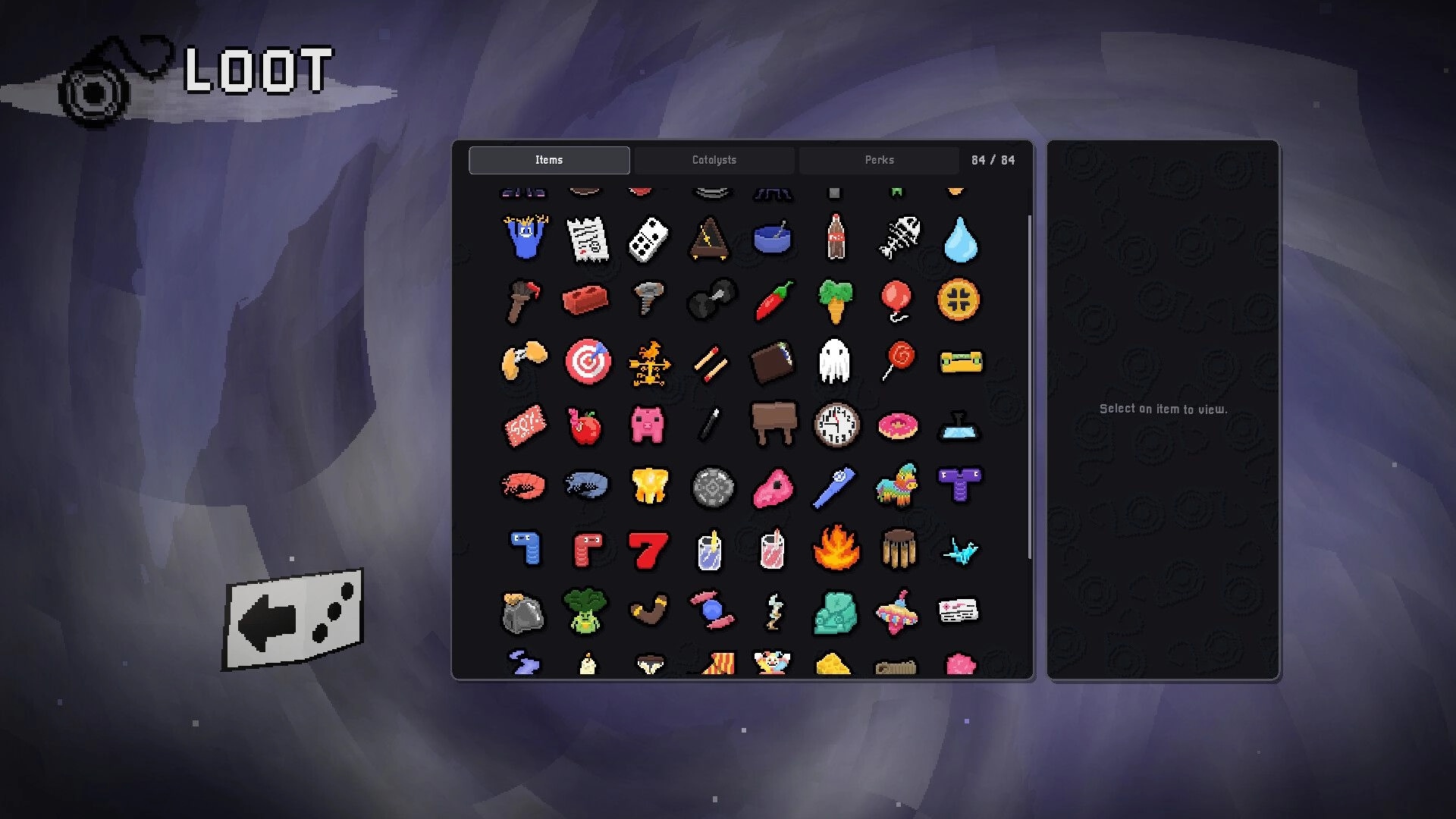 MataOno: Loot inventory menu with item grid and empty details panel over a swirling cave backdrop.