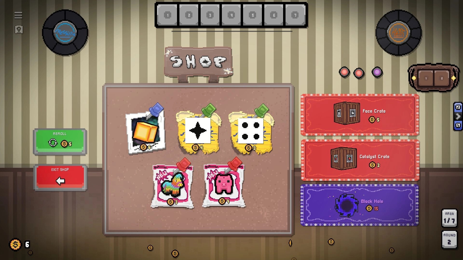 MataOno: Shop screen with dice faces and item cards for sale, reroll and exit buttons on wood counter.