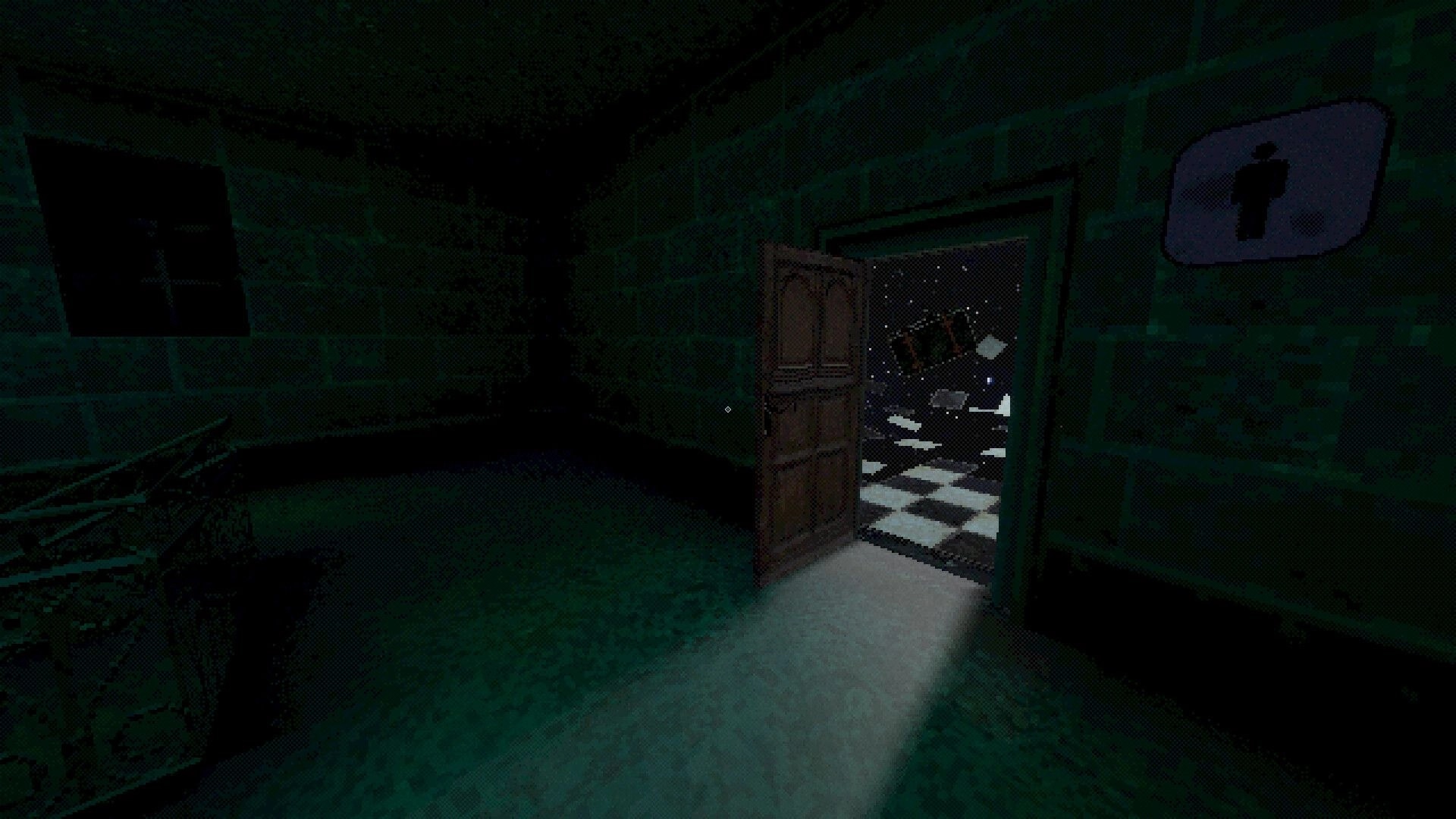 Matchstick: Open door to cosmic void with floating debris and checkerboard floor from dark green room