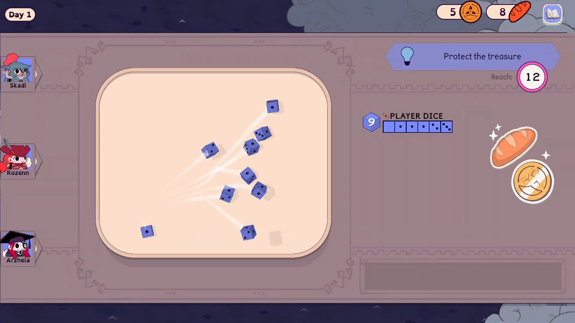 Matelotes: Dice roll minigame with blue dice, Skadi Rozenna Arzhela portraits, quest UI panel.