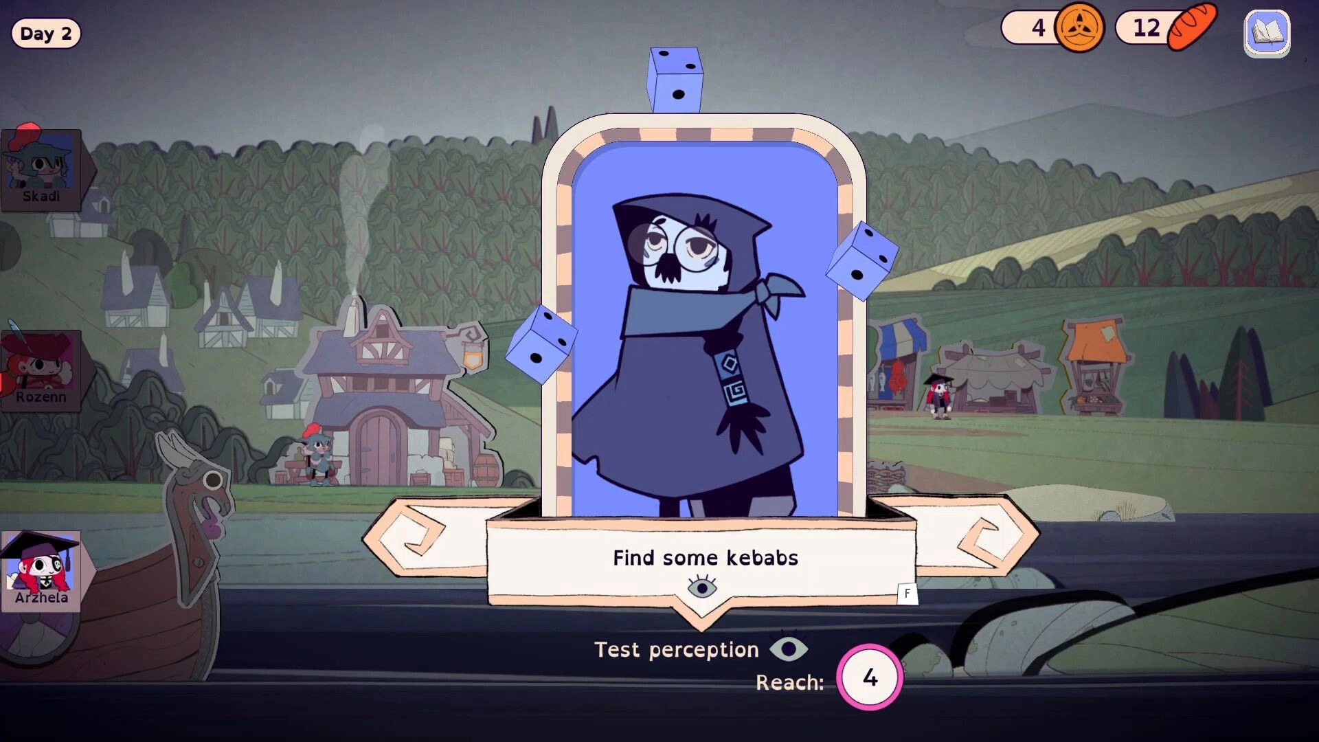 Matelotes: Perception test card with hooded sailor and dice over village docks and market stalls UI.