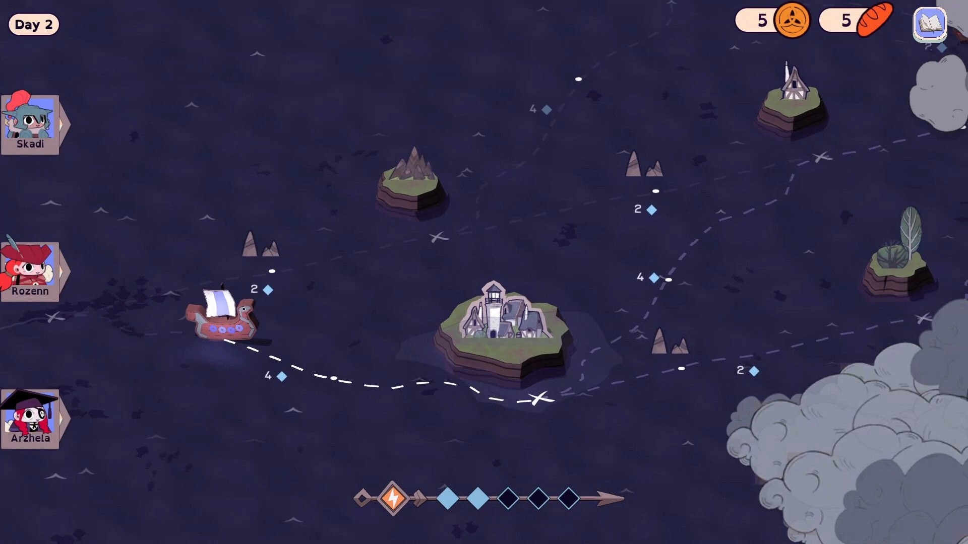 Matelotes: Ship sailing on world map with dotted routes, islands, and crew portraits on Day 2 UI.