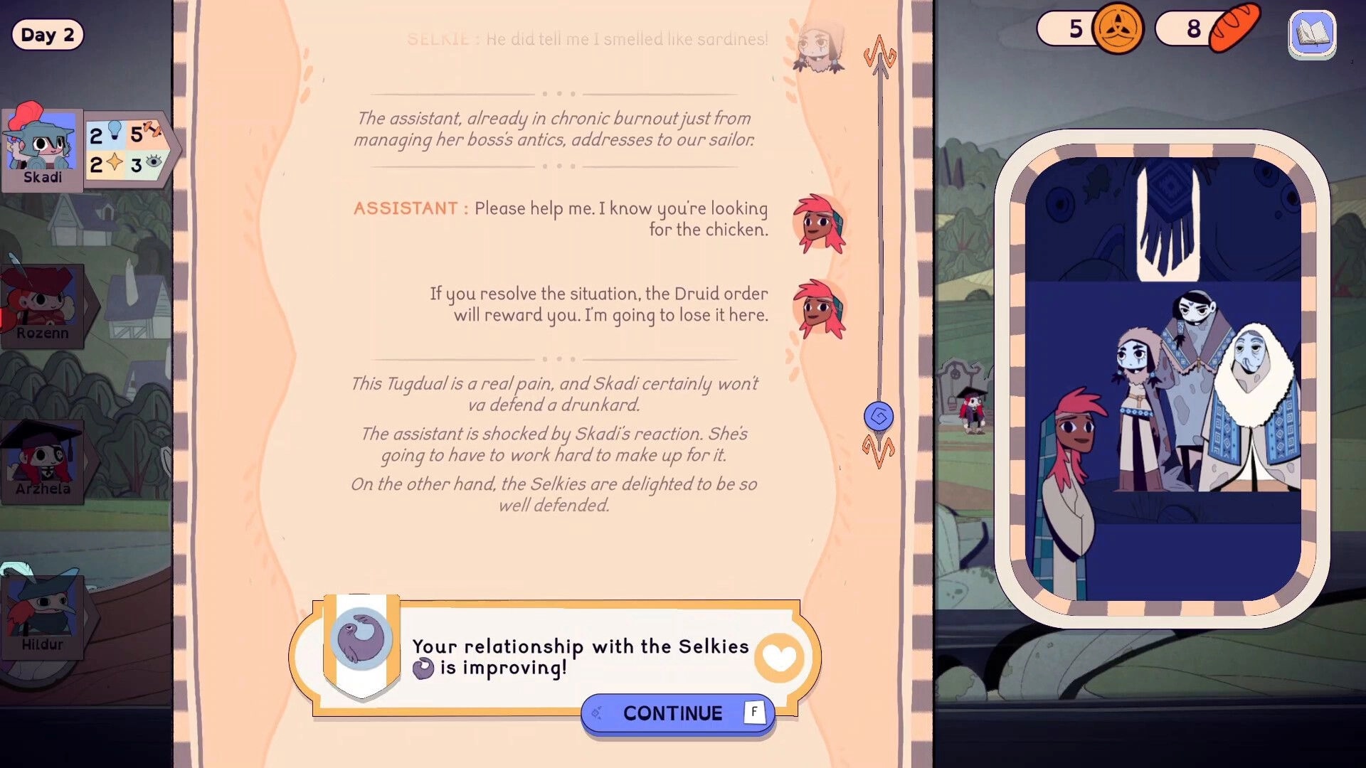 Matelotes: Dialogue choice event with Selkies relationship boost UI on an island village map screen.
