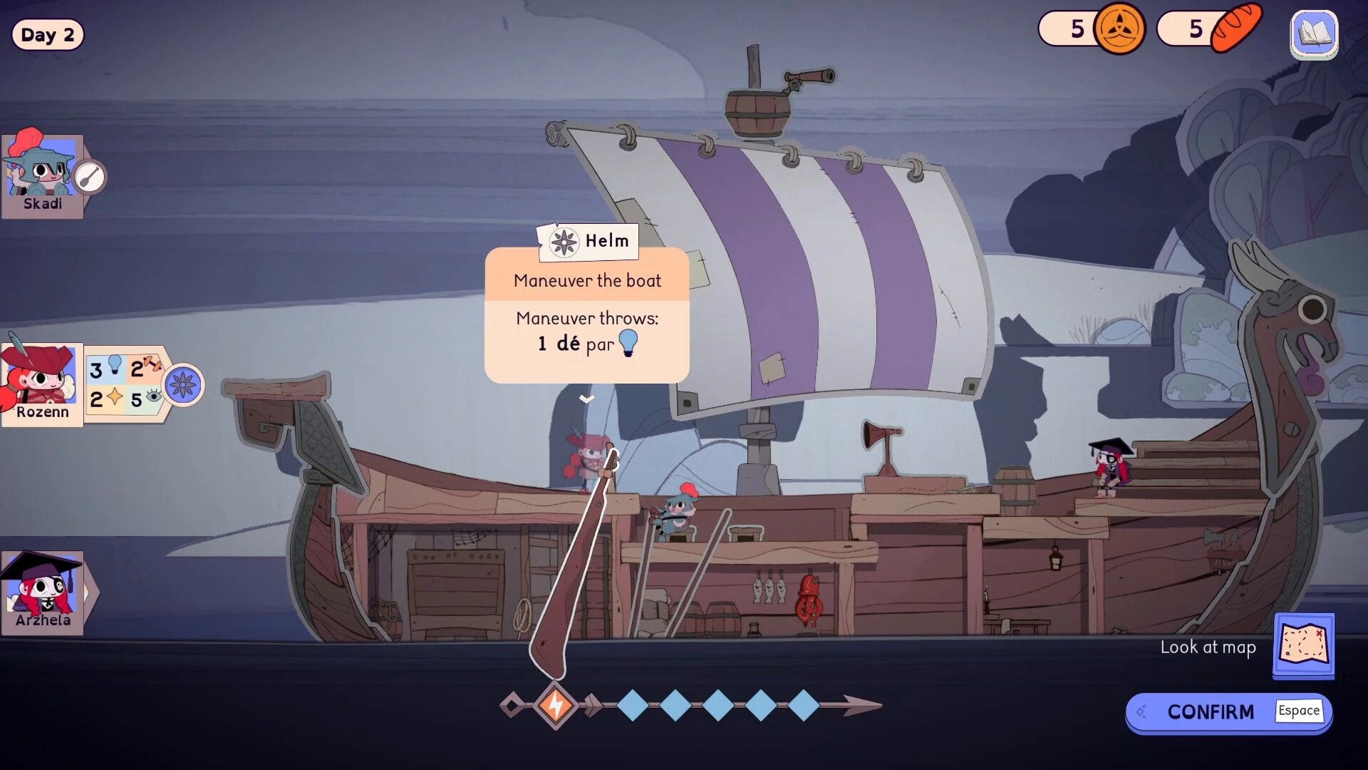 Matelotes: Helm maneuver selection on a sailboat deck with crew icons, Day 2, confirm prompt UI.