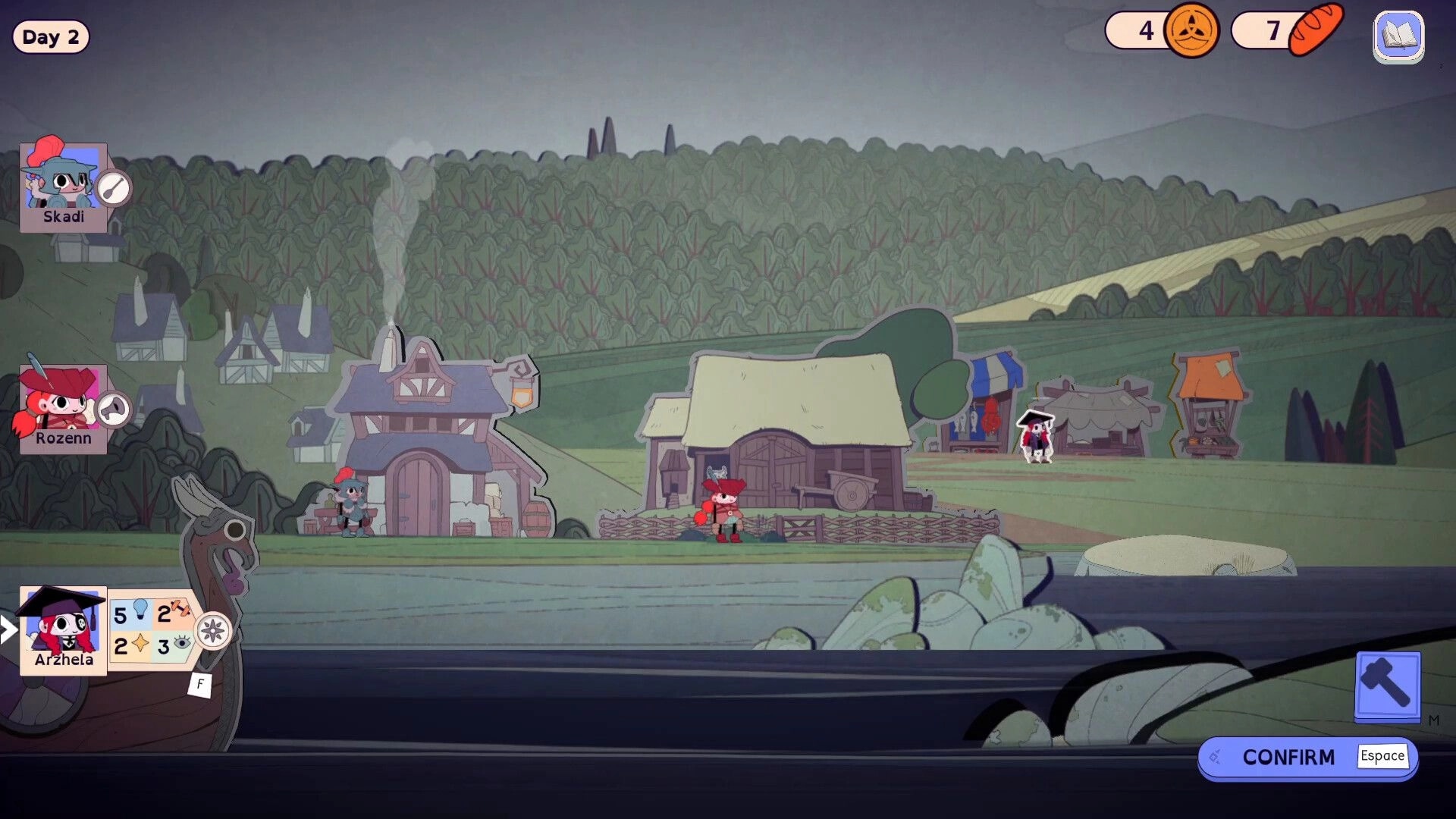 Matelotes: Party members by a riverside village with shops and a Confirm button on Day 2 UI.