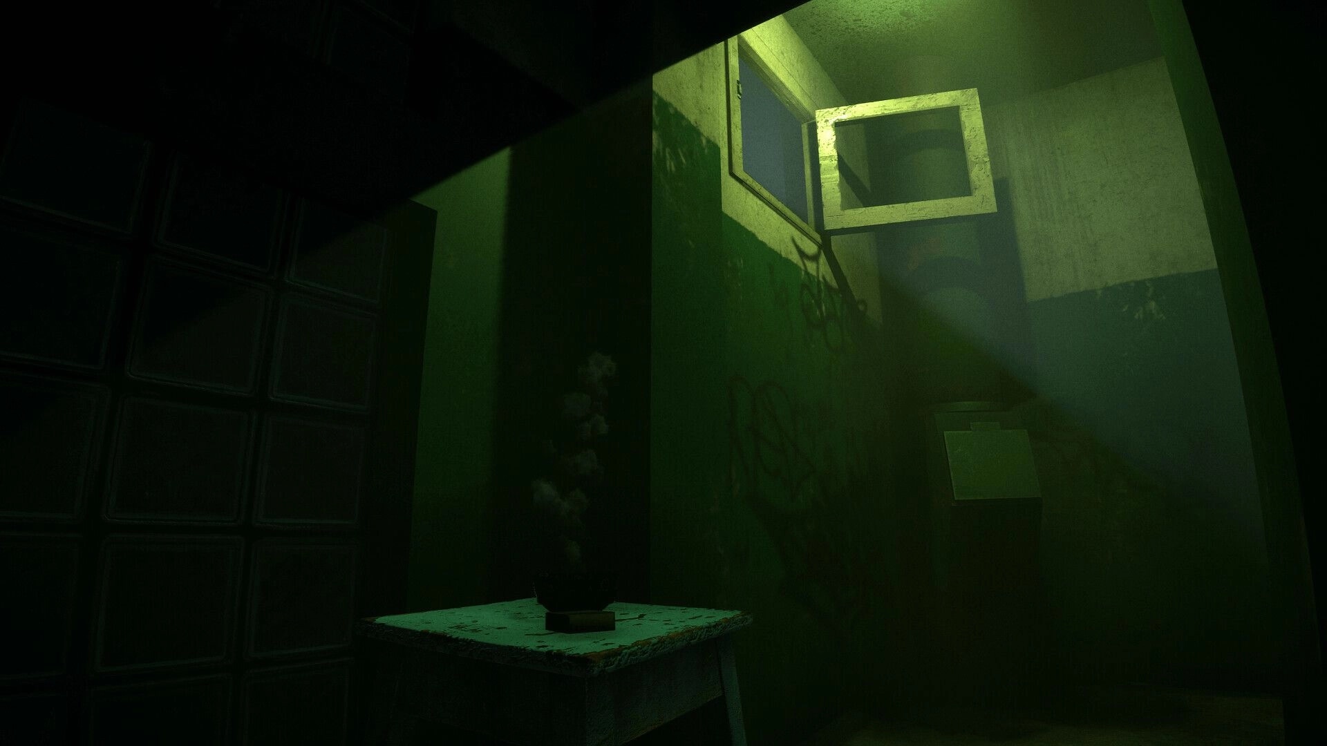 MATRESHKA: Dimly lit hallway with green walls, window ajar, and a table with smoking incense