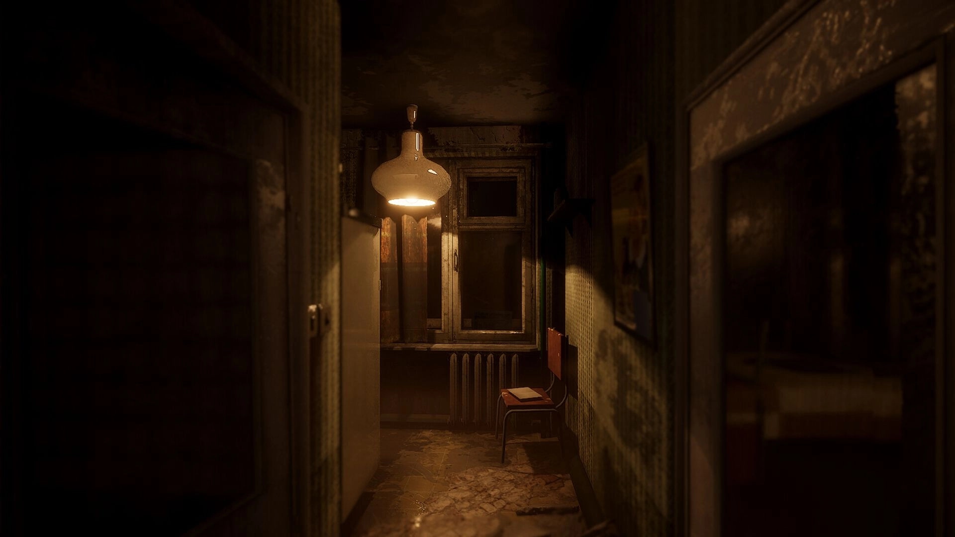 MATRESHKA: Dimly lit corridor with a single chair and peeling wallpaper in an old Soviet building