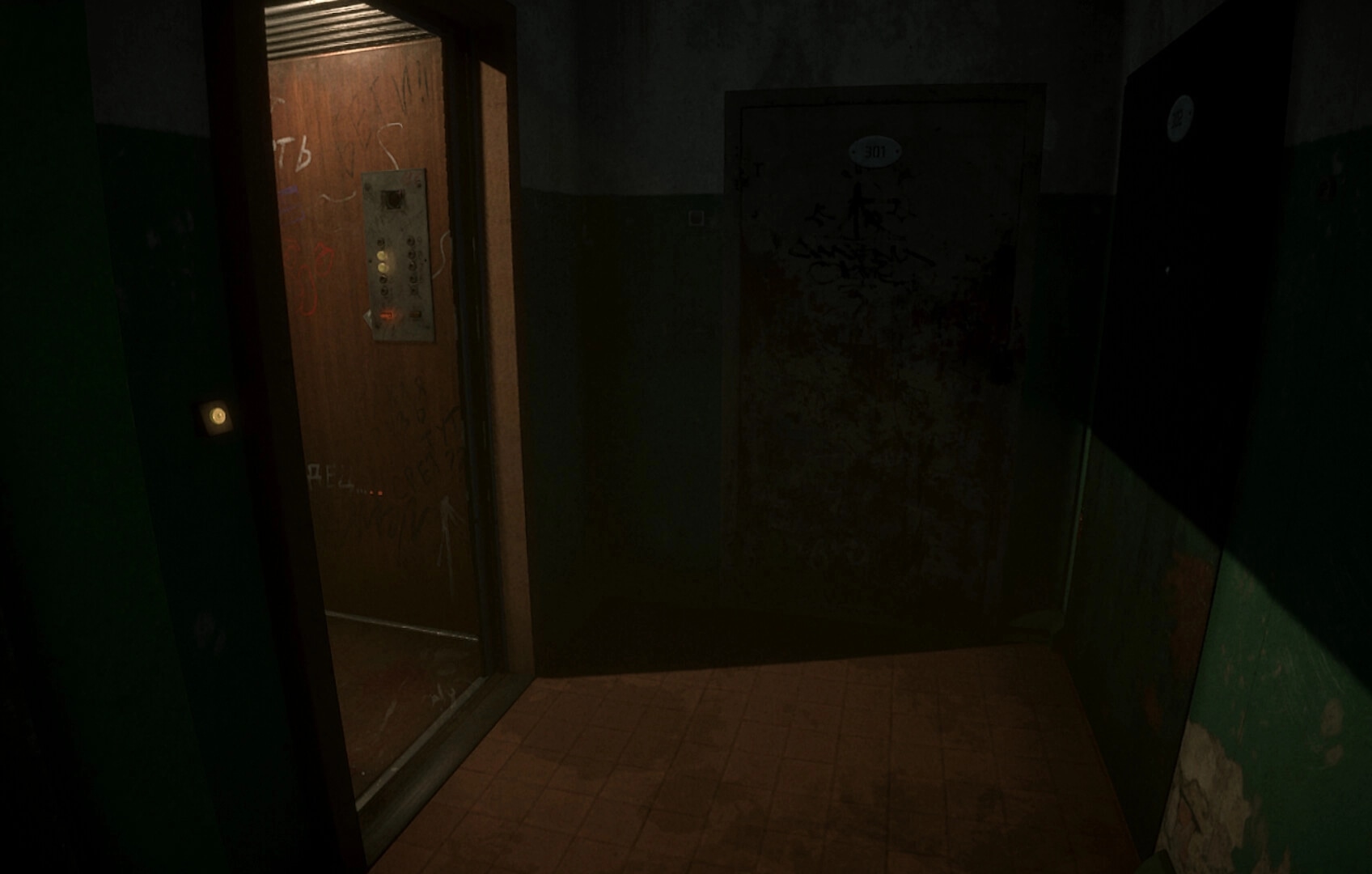 MATRESHKA: Dimly lit hallway with open, graffiti-covered elevator in an old Soviet building setting